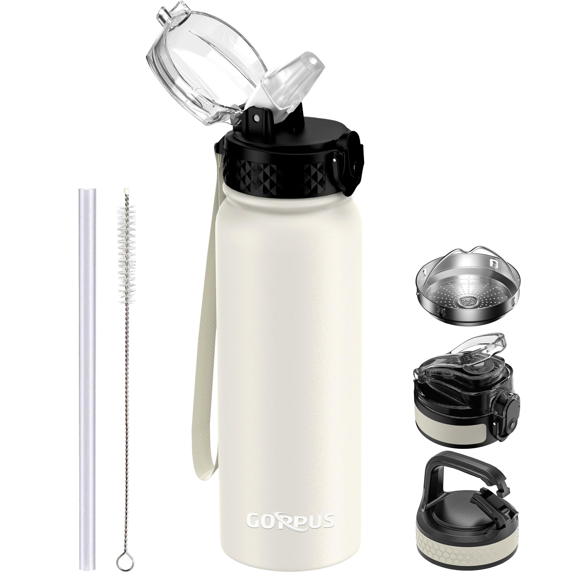 GOPPUS 600ml/20oz Stainless Water Bottle with Straw Double Wall Insulated Bottles with Strap Reusable Vacuum Thermal Flask Leakproof Keep Cold Drinks Bottles with Flip Top Lid for Men Women BPA Free