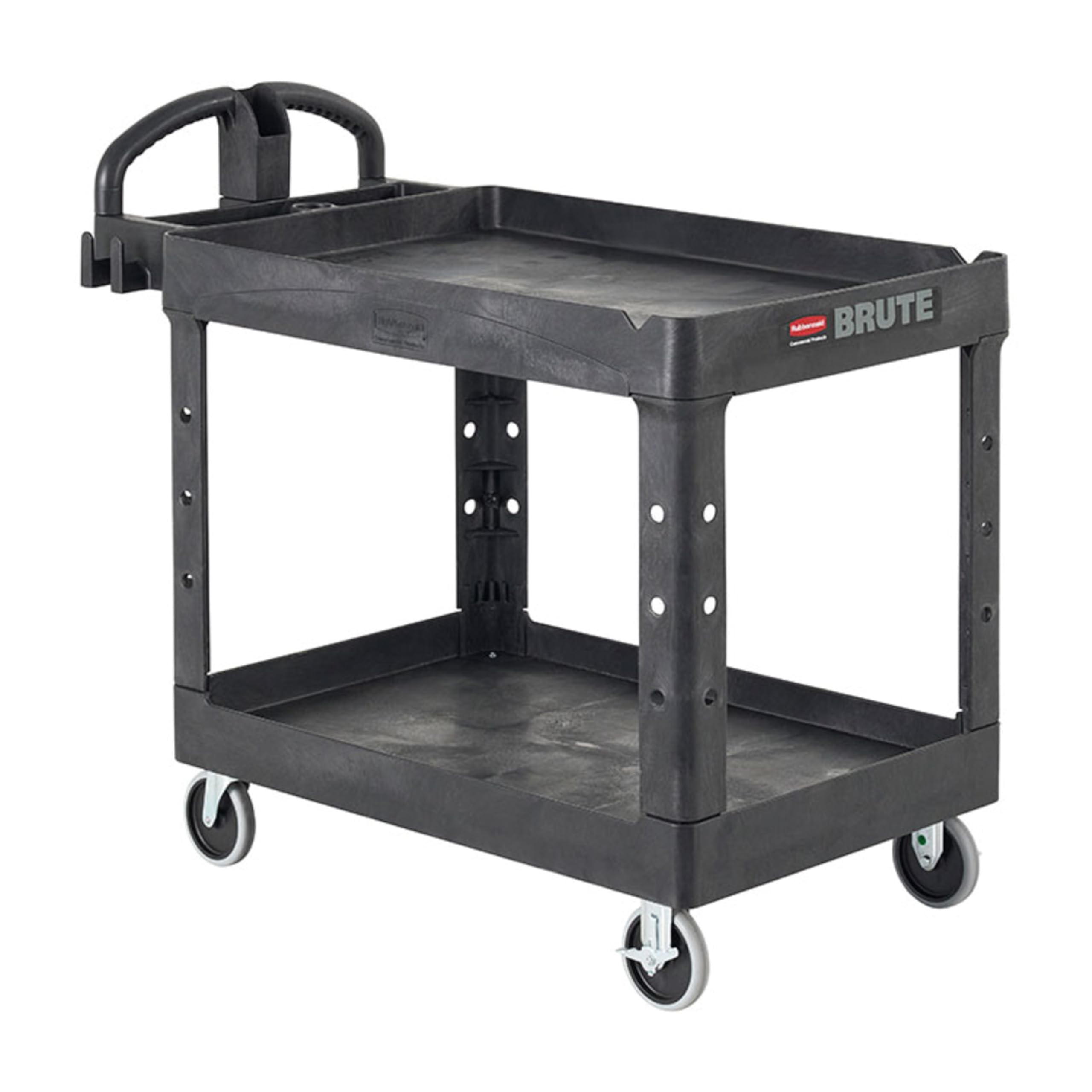 Rubbermaid FG452088BLA Heavy-Duty Ergo Handle Utility Cart, Lipped-Shelf, Medium, Black, 25.37" x 17.56" x 17.56"