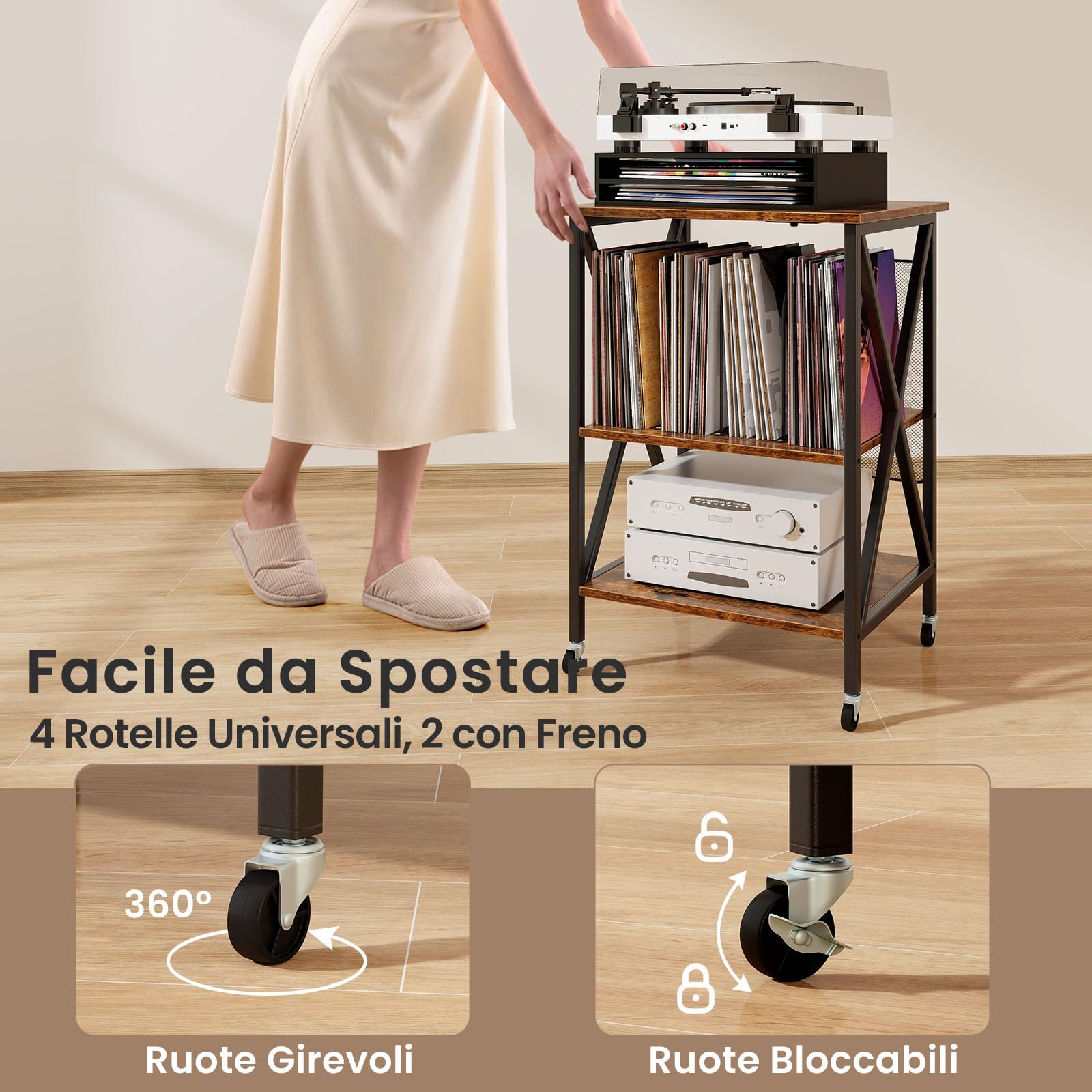 RELAX4LIFE Supporto per Giradischi con Stazione di Ricarica, Porta Vinili a 3 Ripiani con Ruote, Espositore per 250 Album, Carico Max 90kg, per Ufficio, Studio, Camera da Letto (Marrone)