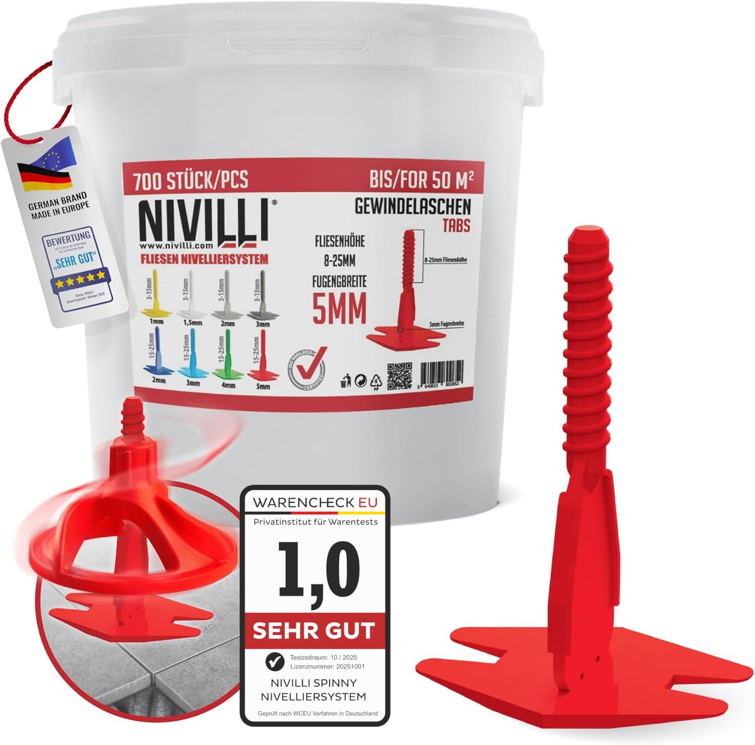 NIVILLI Spinny Levelling System, Draw Hoods, Laying Aid, Pull Tabs, Thread Tabs, Tile Tool, Tile Laying Aid, Tile Levelling System… (700 pcs. 5mm Joint Widths, 8-25mm Material Thickness)
