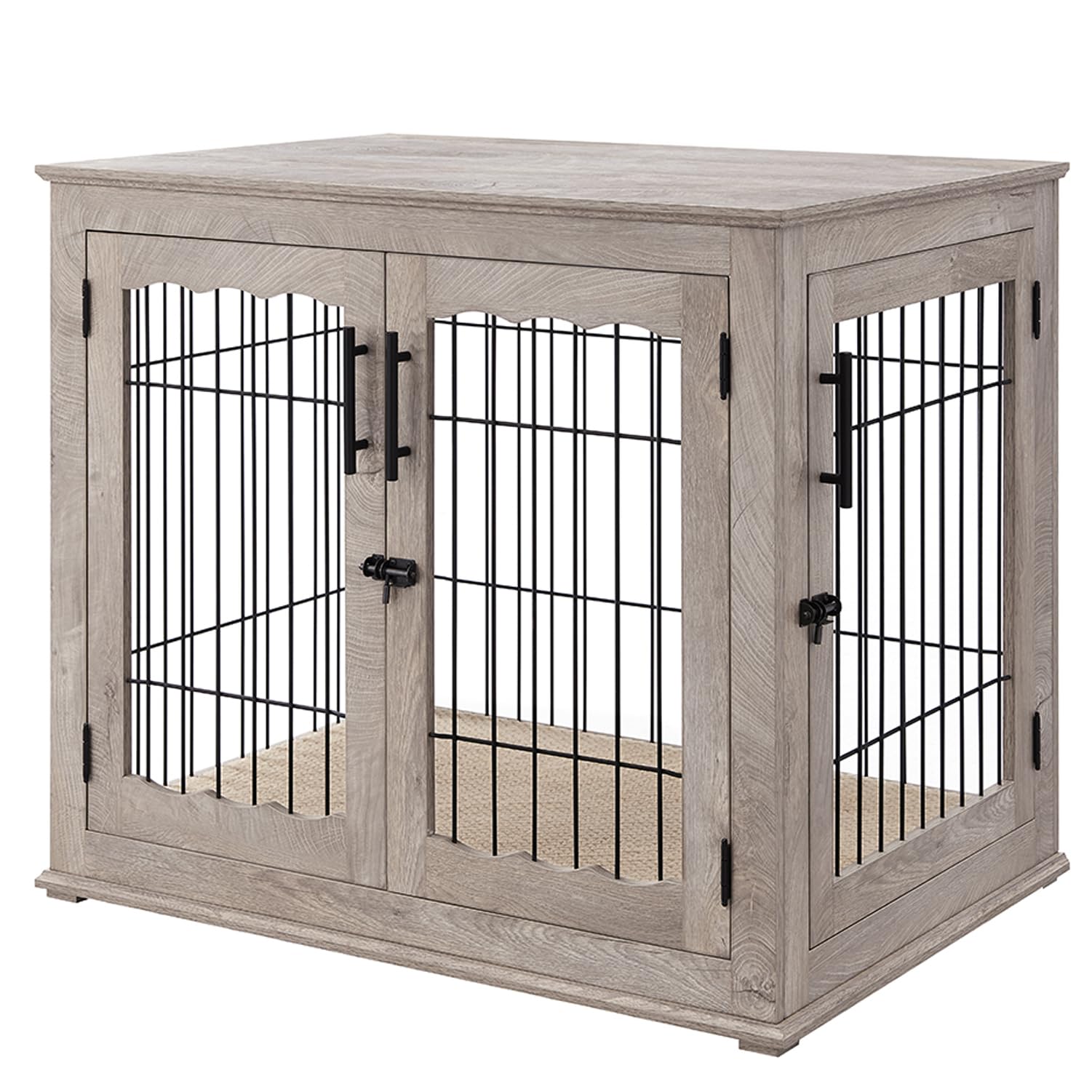 Dog Crate Furniture with Cushion, Large Dog Kennel with Wood and Mesh, Dog House, Pet Crate Indoor Use, Large, Grey Colour