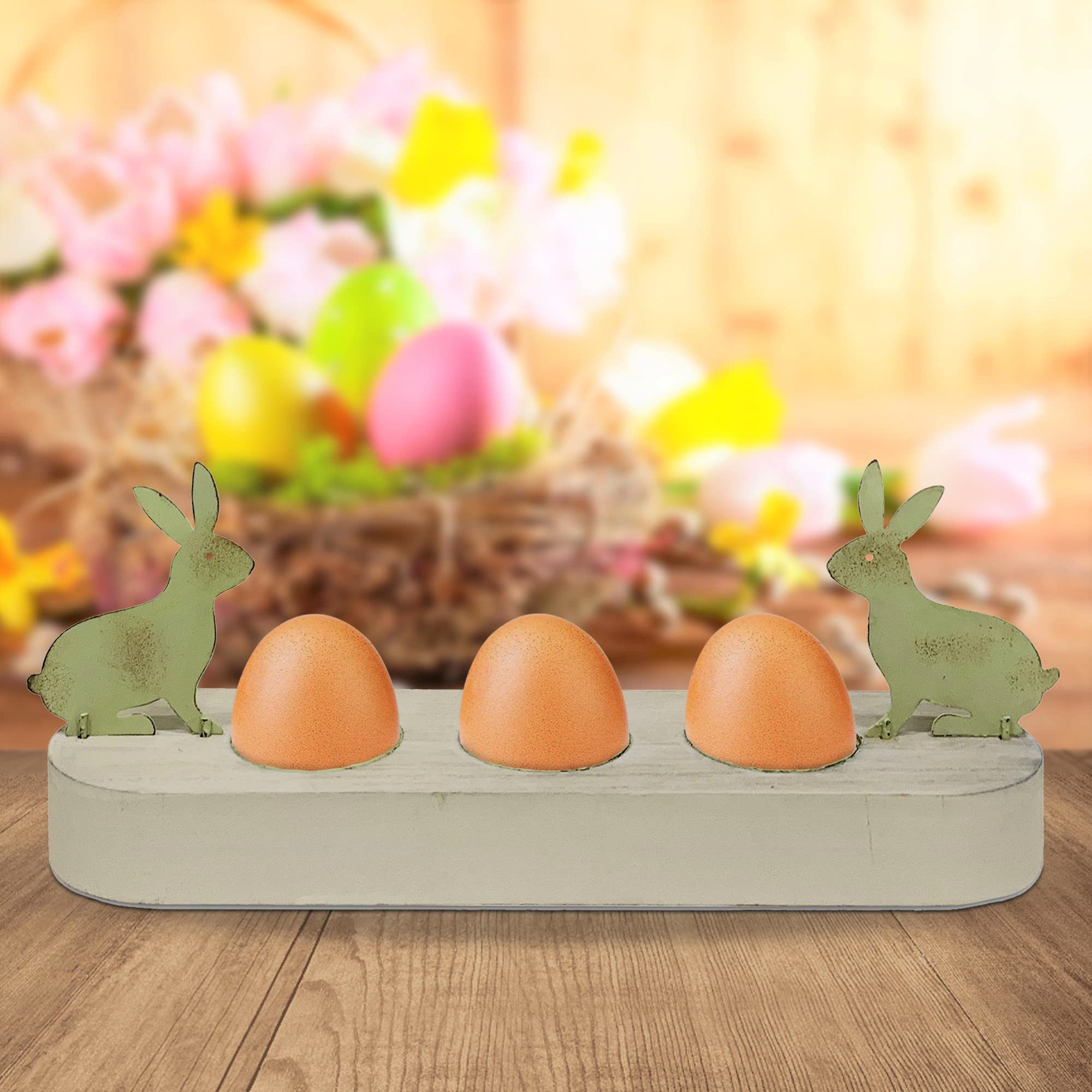 Huevera de madera con conejo y gallina de hierro Shabby Chic Annette 2 variantes VERDE