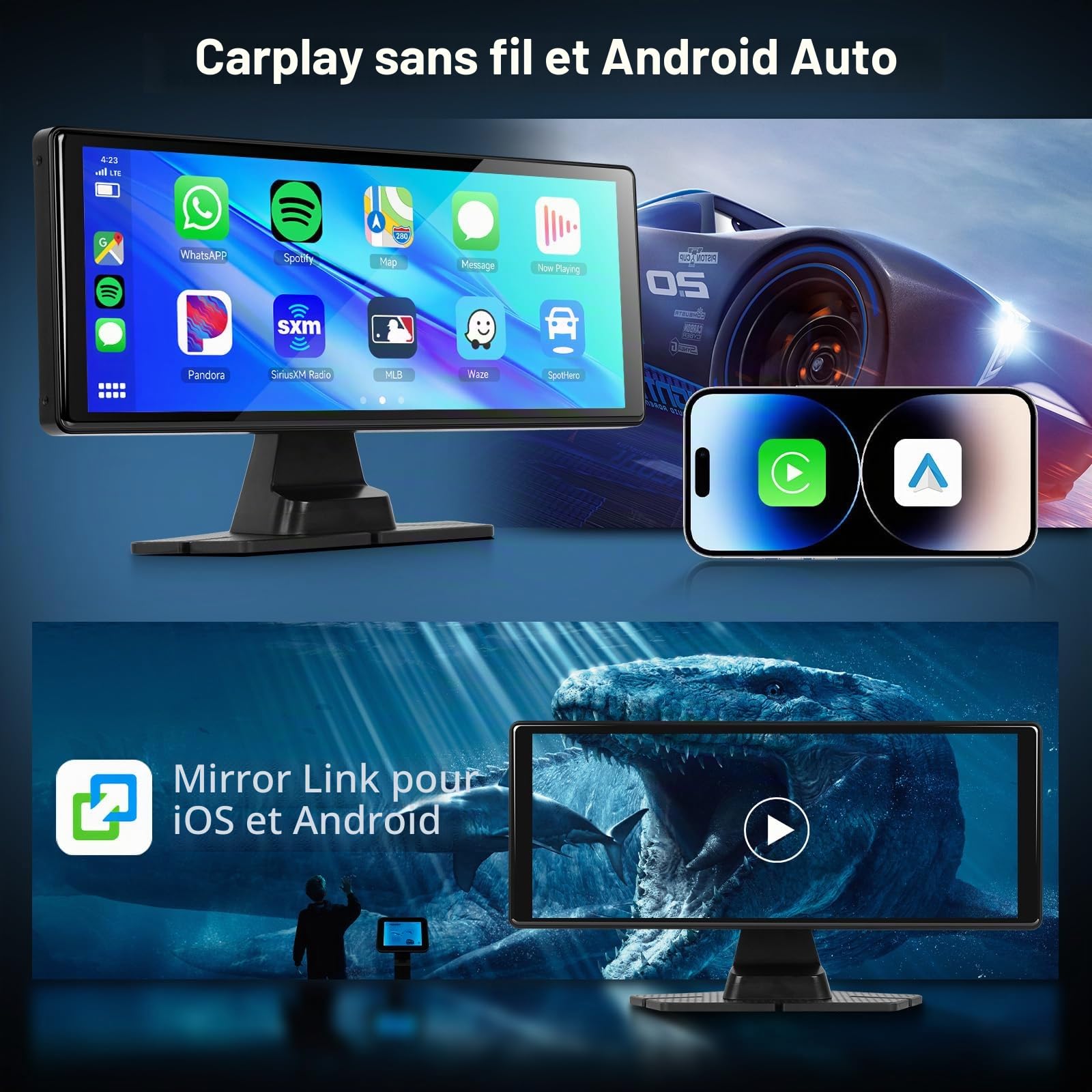 Hodozzy Autoradio Portable Dashcam Voiture sans Fil Carplay Android Auto, écran Tactile IPS 10,26 Pouces Display Carplay Moniteur Enregistrement, Bluetooth, Mirrorlink, émetteur FM Radio AUX+64GB TF