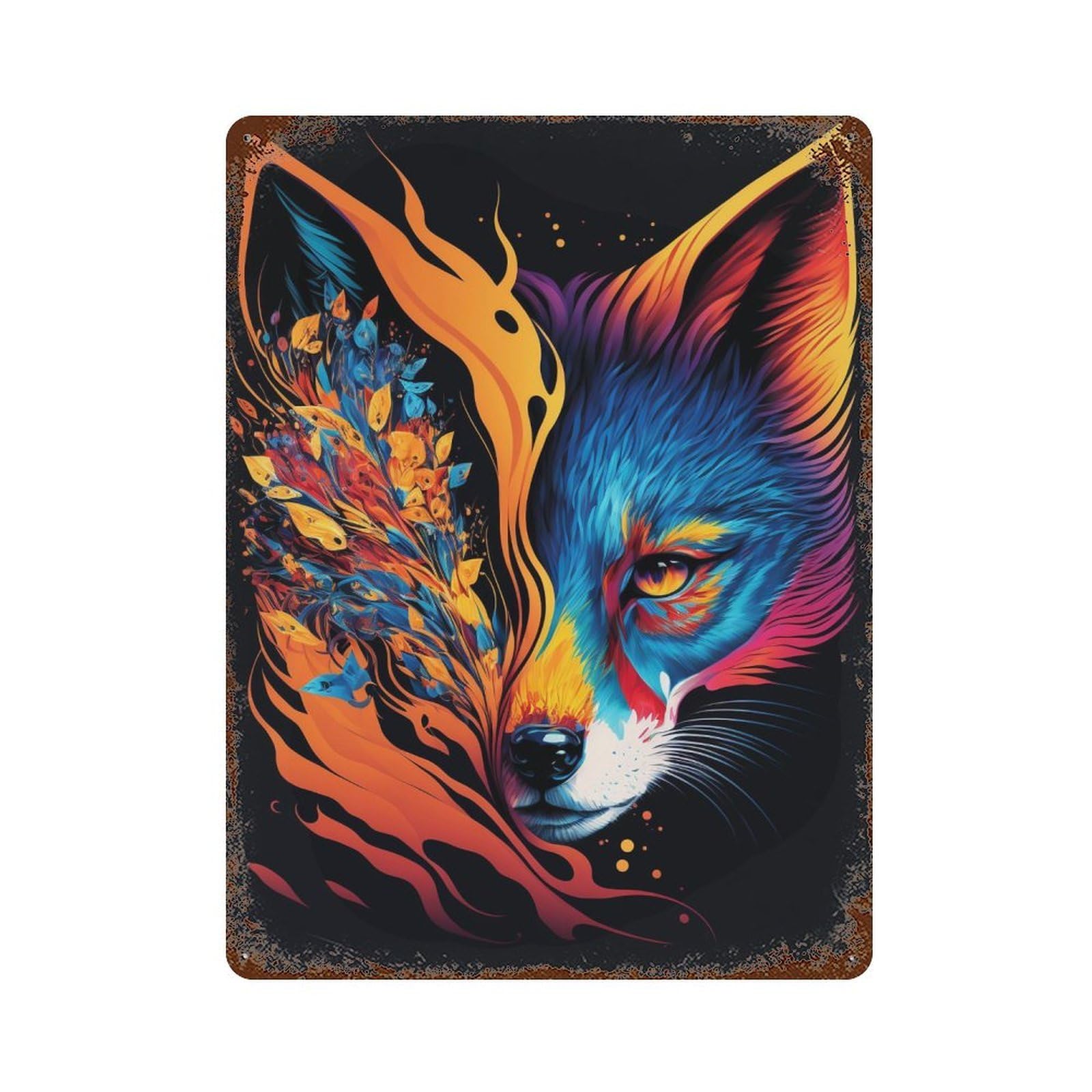 Colorful Fox Art Print-8 15.7"x11.8" Distressed Metal Wall Sign, Shabby Chic Decor for Shed, Workshop And Garage Wall Decor
