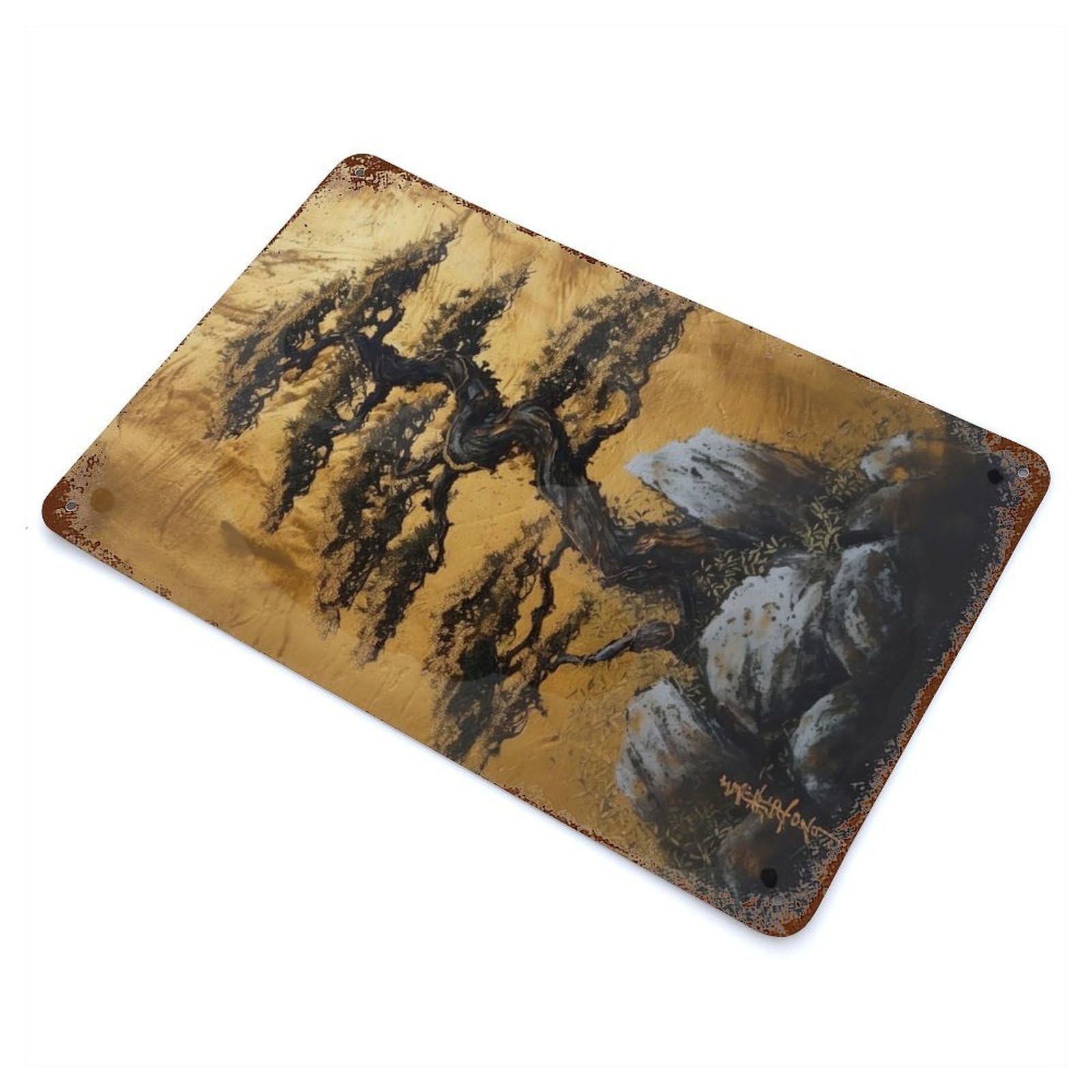 Golden Bonsai Tree 11.8"x7.9" Rust Effect Tin Sign, Industrial Home Decor for Living Room, Hallway And Home Decor