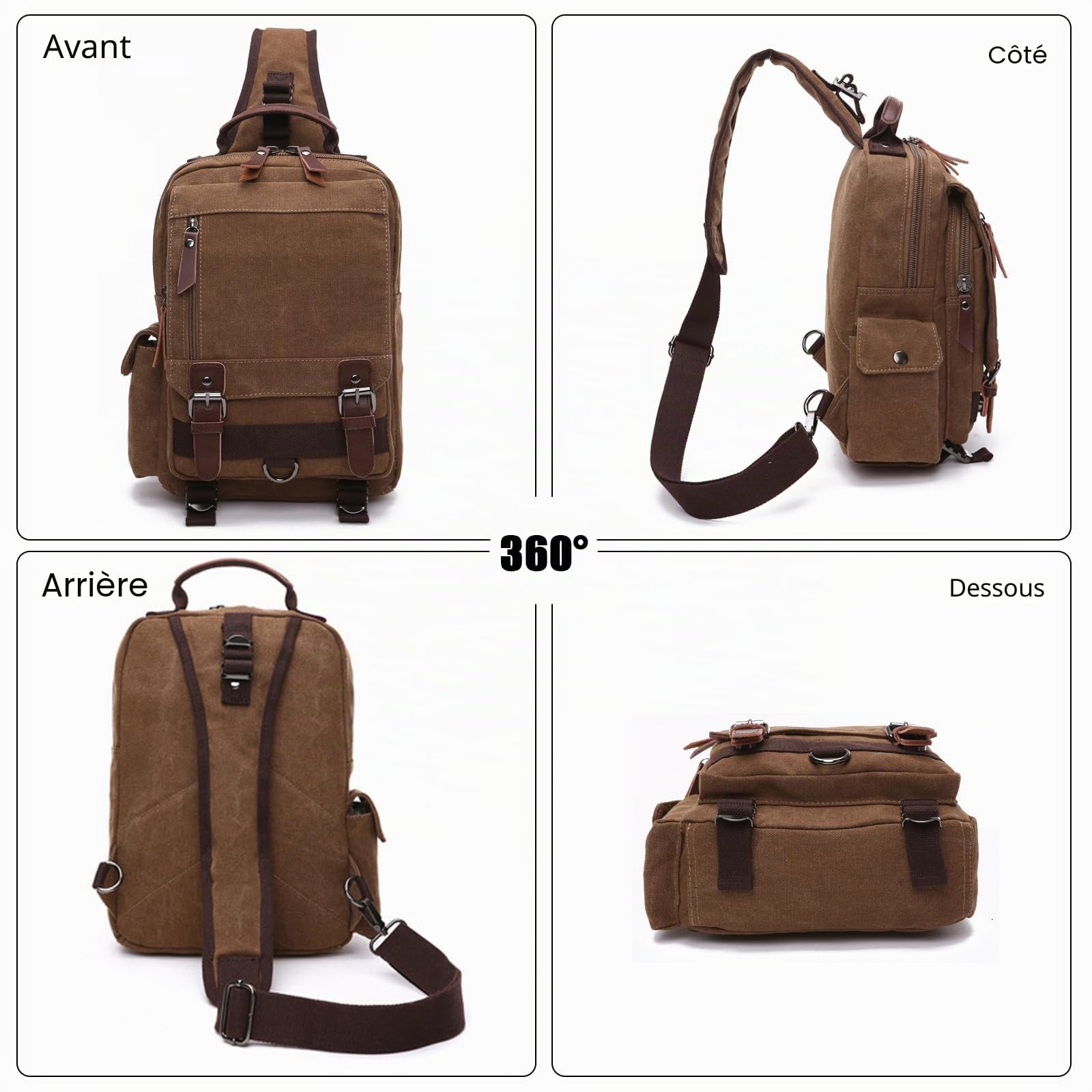 FANDARE Retro Sac de Poitrine Homme Petit Sac À Dos Femme Sling Bag Toile Sac d'Epaule Sacoche Sac Bandoulière pour Affaires Université École Cyclisme Camping Voyage Cartable Noir A