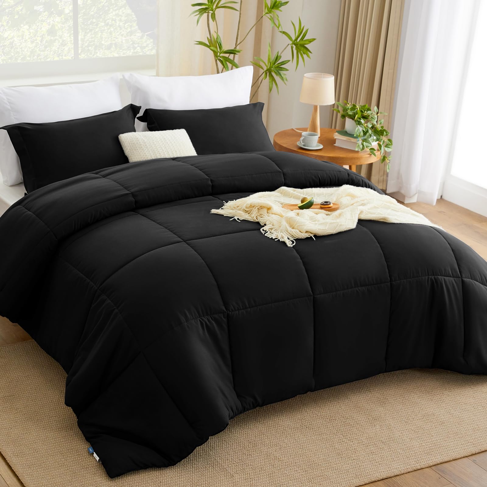 CozyLux Queen Comforter Set - Black Comforter Queen Size, 3 Pieces Box Stitched Bed Set for All Seasons, Soft Lightweight Bedding Sets with 1 Down Alternative Comforter and 2 Pillow Shams