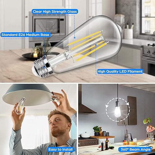 Miniatura 4 de Paquete de 4 bombillas LED Edison E26 vintage, equivalente a 100 W, 1400 lúmenes, alto brillo, 8 W, ST58, bombillas de filamento LED, 5000 K, luz