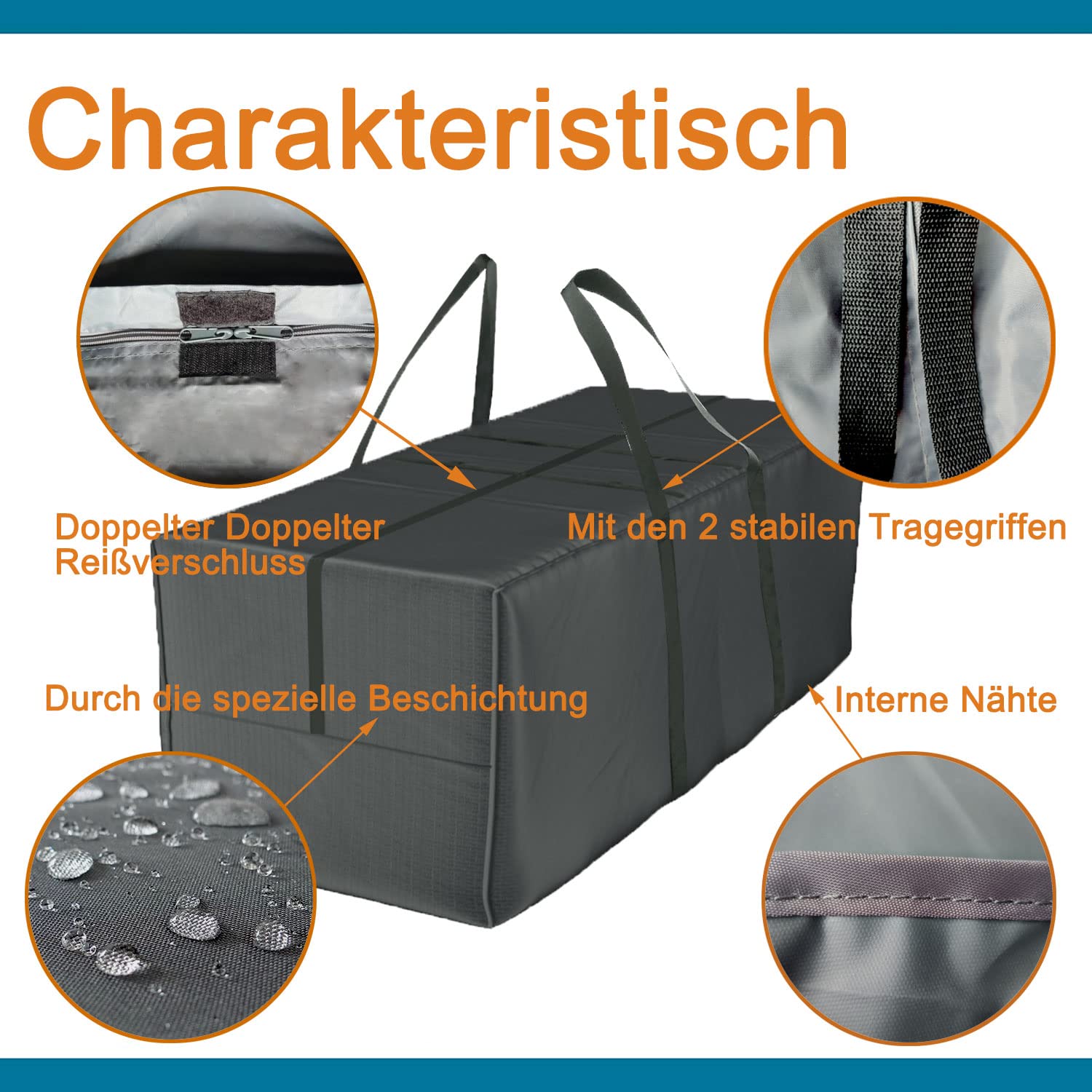 Aufbewahrungstasche Deluxe XXL (175x80x60 cm) und Schutzhülle für Auflagen - Gartenauflagen Aufbewahrungstasche aus 600D Oxford, Reißverschluss ist geschützt durch Kletband Selbstklebeband
