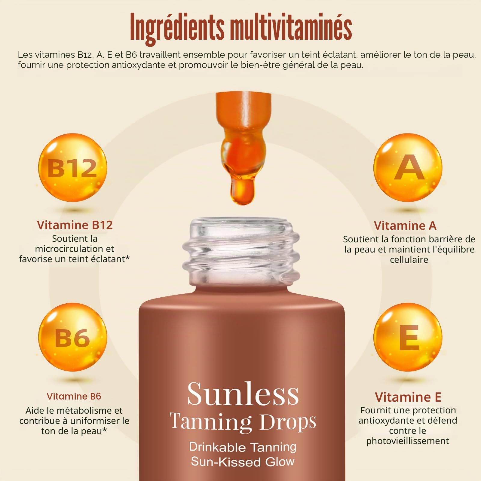 Gouttes de bronzage sans soleil à boire, gouttes de bronzage sans soleil, boisson orale hydratante bronzante pour le visage et le corps, lueur ensoleillée pour toutes les peaux