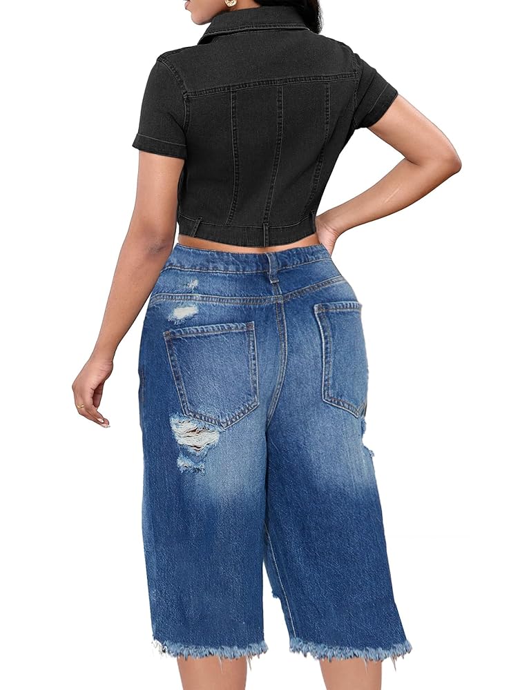 IbuduSexy Bermuda Shorts for Women Destroyed with Pockets