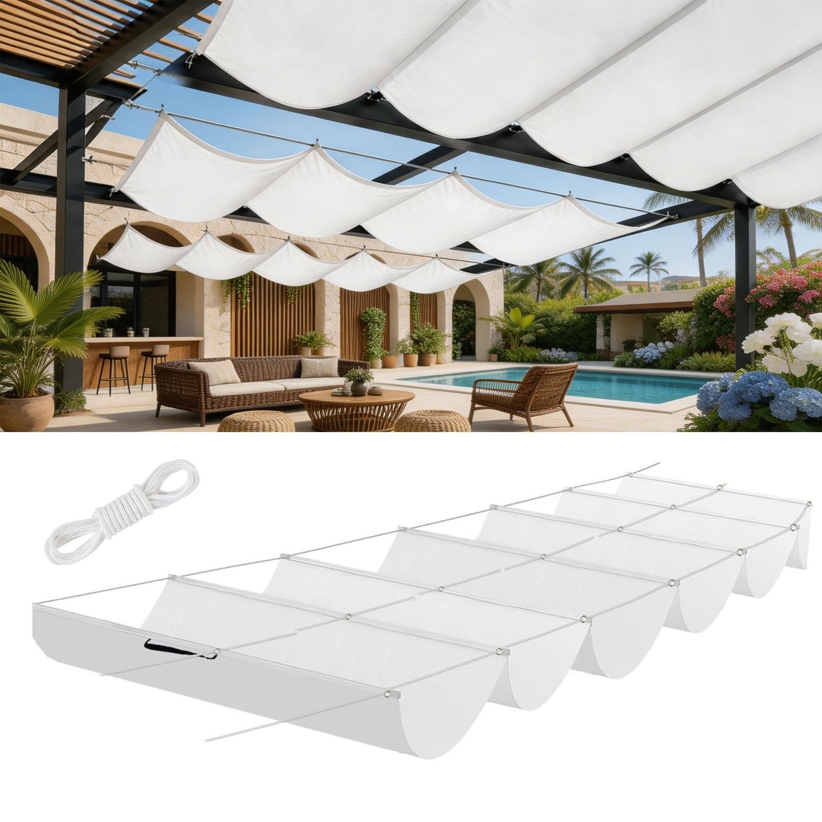 Rétractable Vague Voile d'ombrage 6.4 x 10 m Rectangulaire Imperméable Anti-UV et Indéchirable Contre Le Vent Toile Ombrage Exterieur pour Patio Jardin Terrasse, Blanc