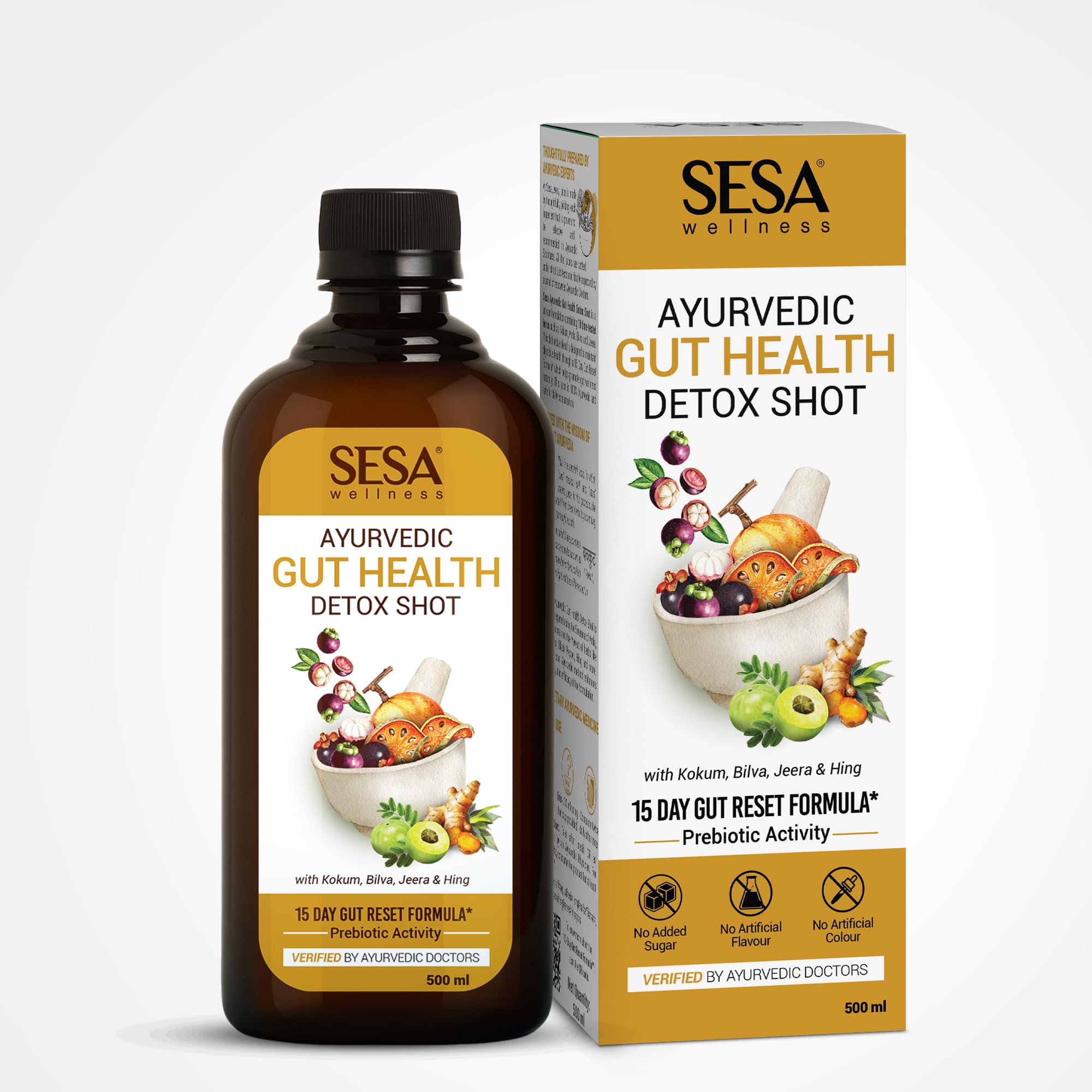 Sesa Ayurvedic Gut Health Detox Shot - 500 ml | 15 Day Gut Reset Formula | Improves Prebiotic Activity, Digestion & Metabolism | Contains Kokum, Bilva, Jeera & Hing | No Artificial Colour, Flavour & Sugar
