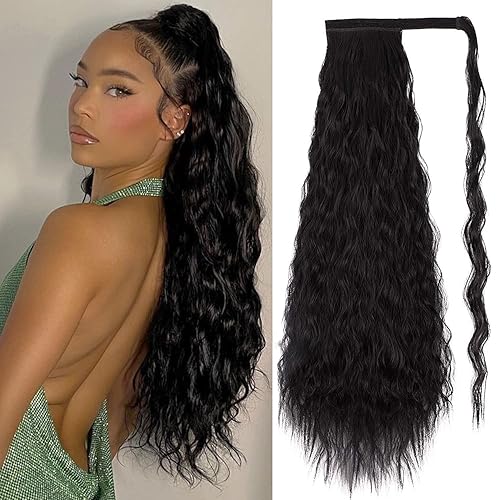 Stamped Glorious Long Corn Wave Ponytail Extension Magic Paste Heat Resistant Wavy Synthetic Wrap Around Ponytail Black Hairpiece for Women (26 disponible en Yaxa Guatemala