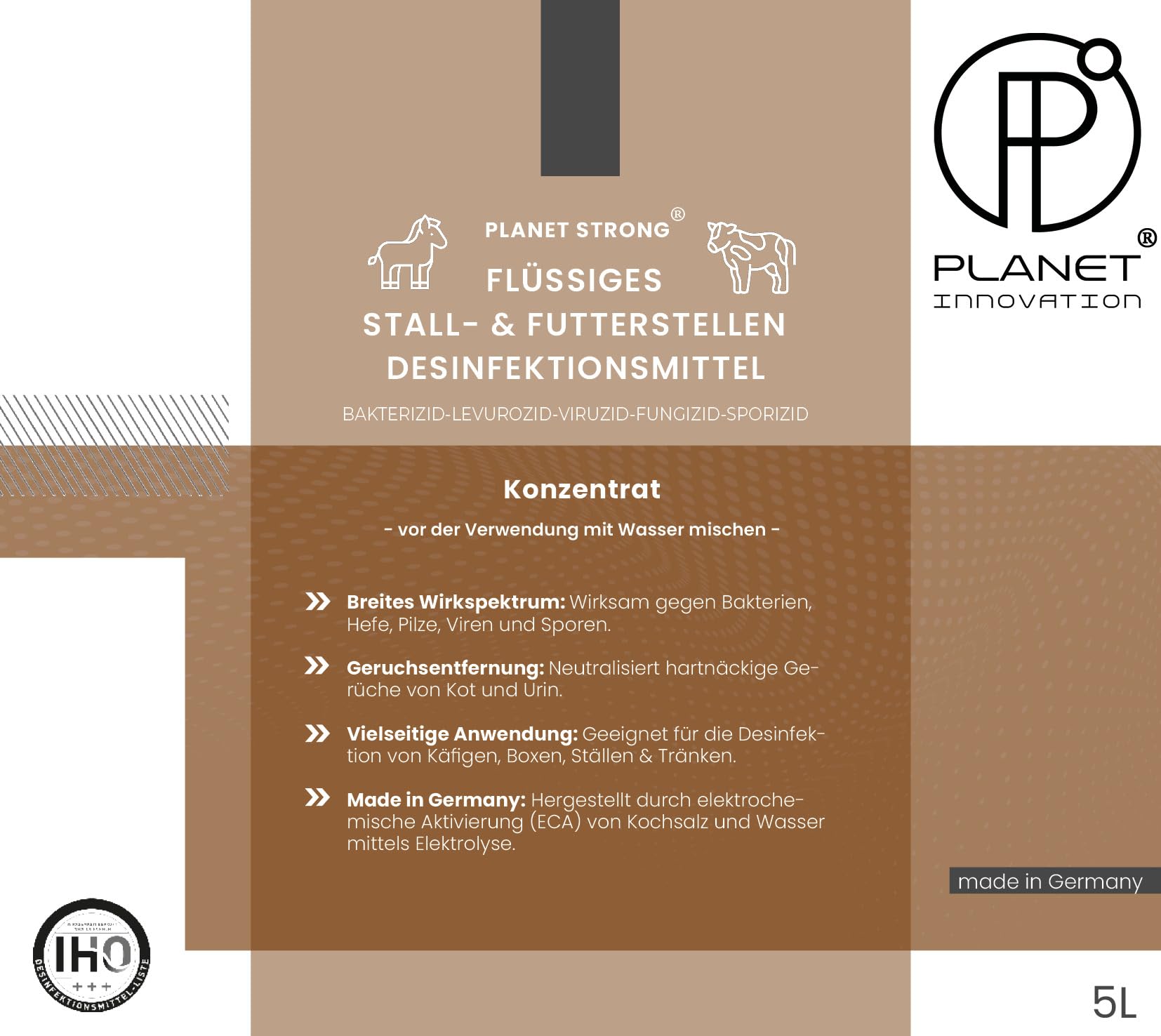 5L Stalldesinfektionsmittel Konzentrat Planet Strong® – Wirksam gegen Bakterien, Pilze & behüllte Viren (z. B. Influenza-Viren) – Für Ställe, Tierhaltung, Flächen & Futterstellen | Made in Germany