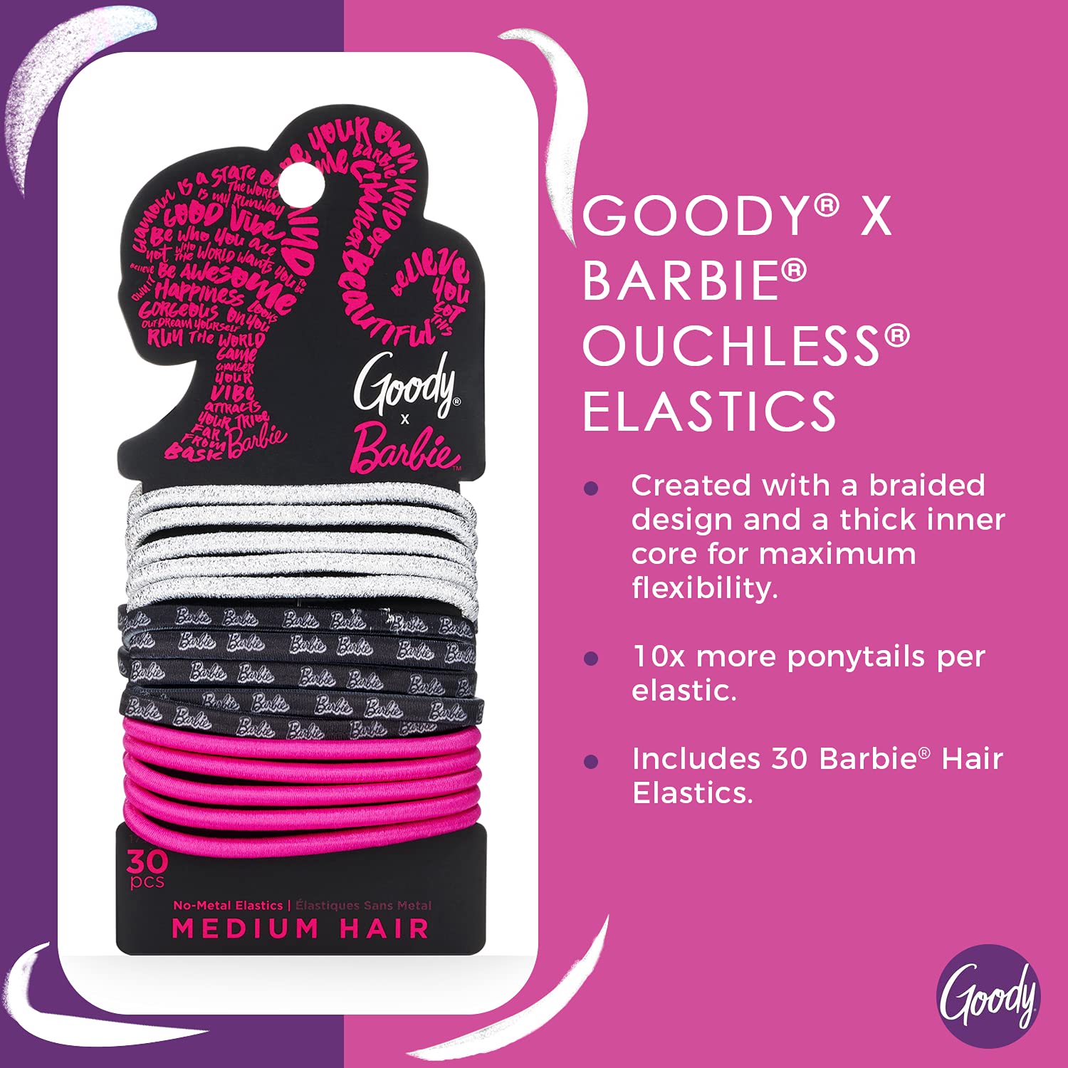 Goody x Barbie Ouchless Elastic Hair Tie - 30 Count - For All Hair Types - Hair Accessories for Girls