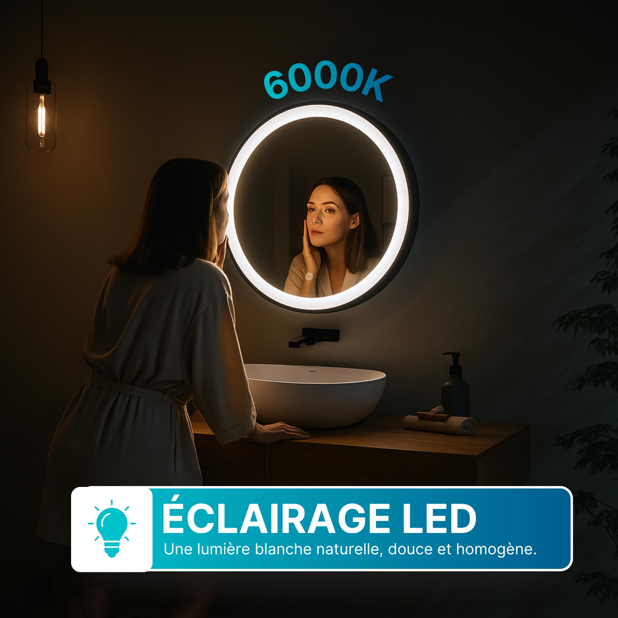 Miroir LED Rond Ø60 cm avec Cadre Aluminium Noir Mat – Éclairage Frontal Dimmable 6000K Blanc Naturel – Fonction Anti-Buée, Prise EU Incluse, Installation Facile, Design Moderne Salle de Bain