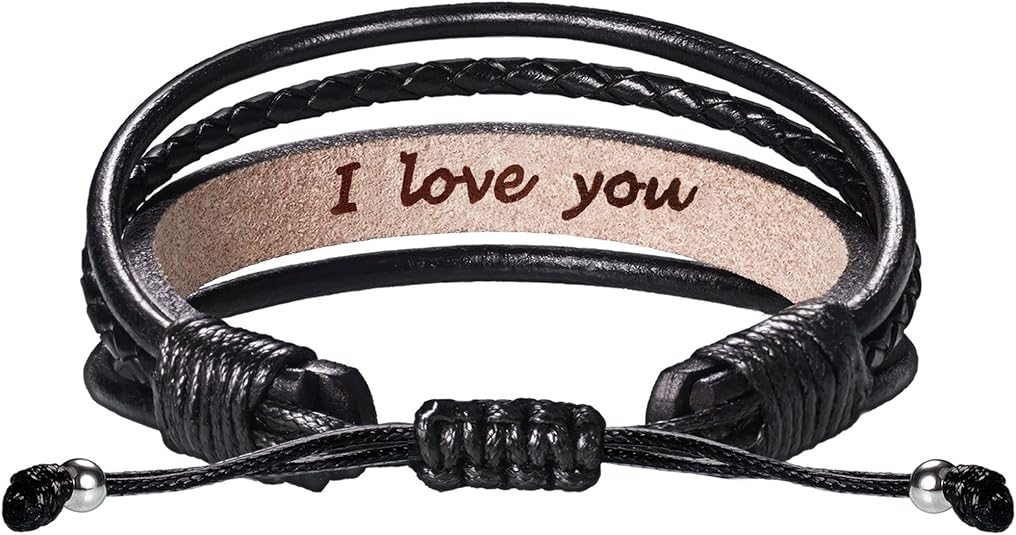 Leather Bracelets for Men Women Inspirational Gifts for Him Her Handmade Black Braided Motivational Birthday Gift for Boyfriend Husband Dad Anniversary Christmas Mens Stocking Stuffers