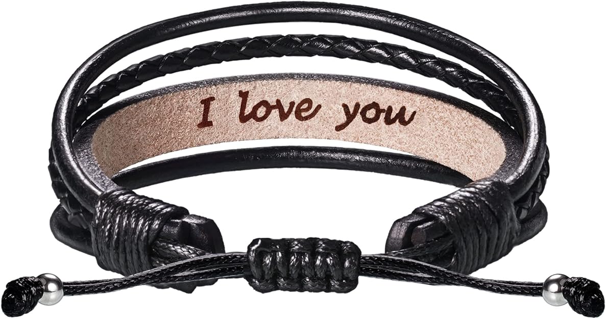 Leather Bracelets for Men Women Inspirational Gifts for Him Her Handmade Black Braided Motivational Birthday Gift for Boyfriend Husband Dad Anniversary Christmas Mens Stocking Stuffers