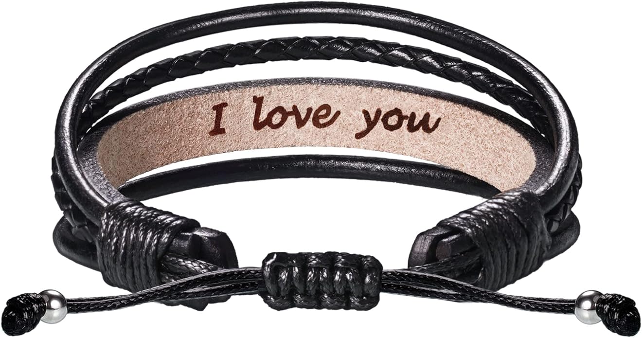 Leather Bracelets for Men Women Inspirational Gifts for Him Her Handmade Black Braided Motivational Birthday Gift for Boyfriend Husband Dad Anniversary Christmas Mens Stocking Stuffers