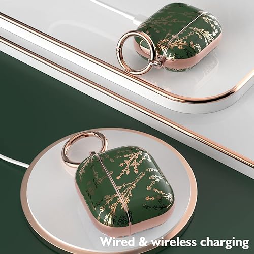 Miniatura 3 de TATOFY Funda para AirPods 3 AirPods 3 para mujer funda protectora rígida con mosquetón LED visible compatible con carga inalámbrica verde dorado
