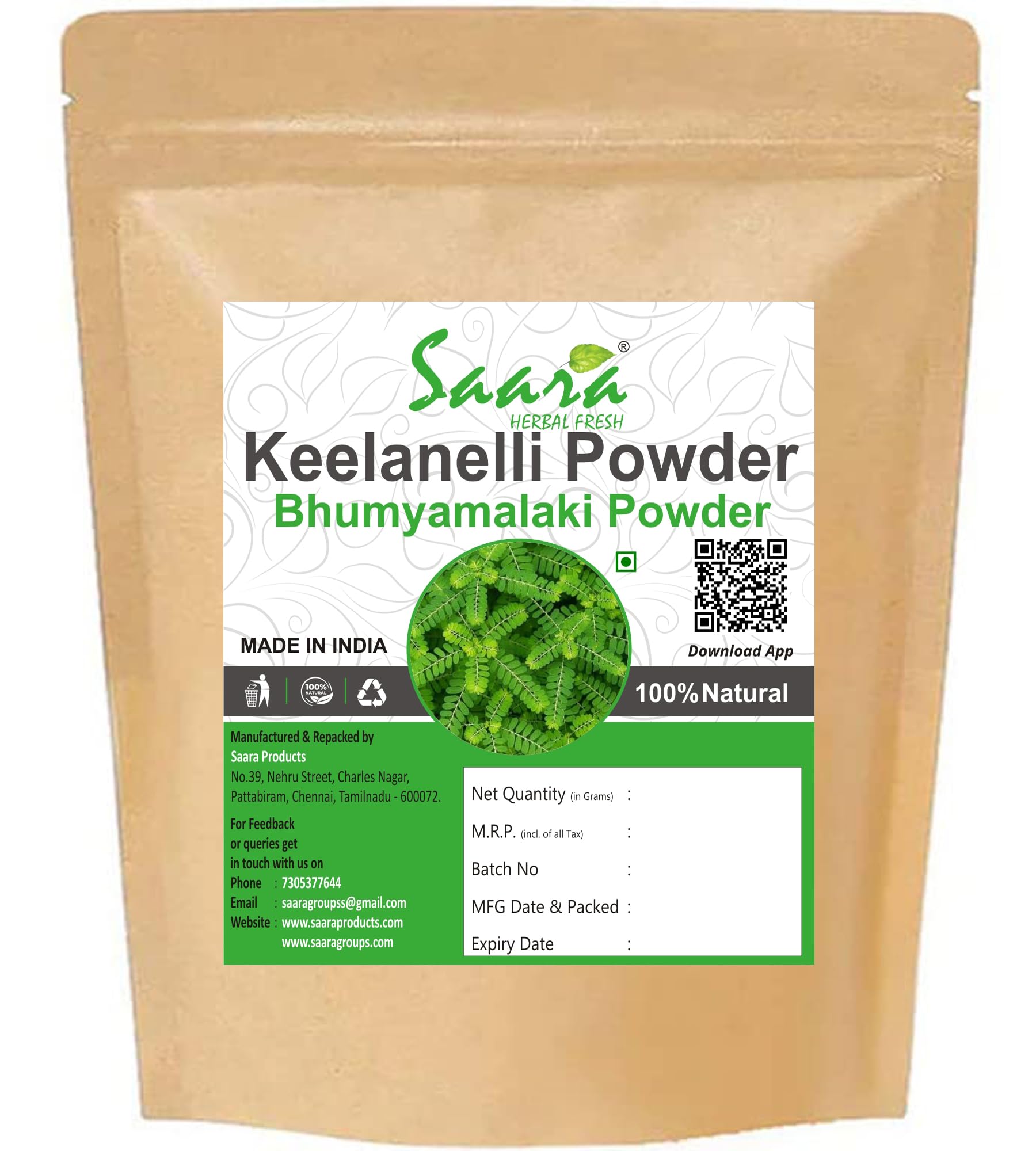 Saara HERBAL FRESH Keelanelli leaf Powder 70g, Bhumyamalaki Leaf, Phyllanthus Niruri, Nela usiri Powder, Helps (Pack of 1 x 70g)