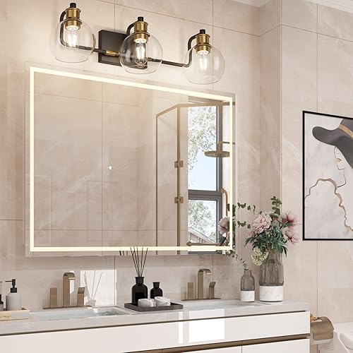 Tipace Black & Gold Vintage Bathroom Vanity Light Fixtures Over Mirror Glass Globe 3 Lights Industrial Vanity Lights Farmhouse Bath Lighting(Exclude Bulb)