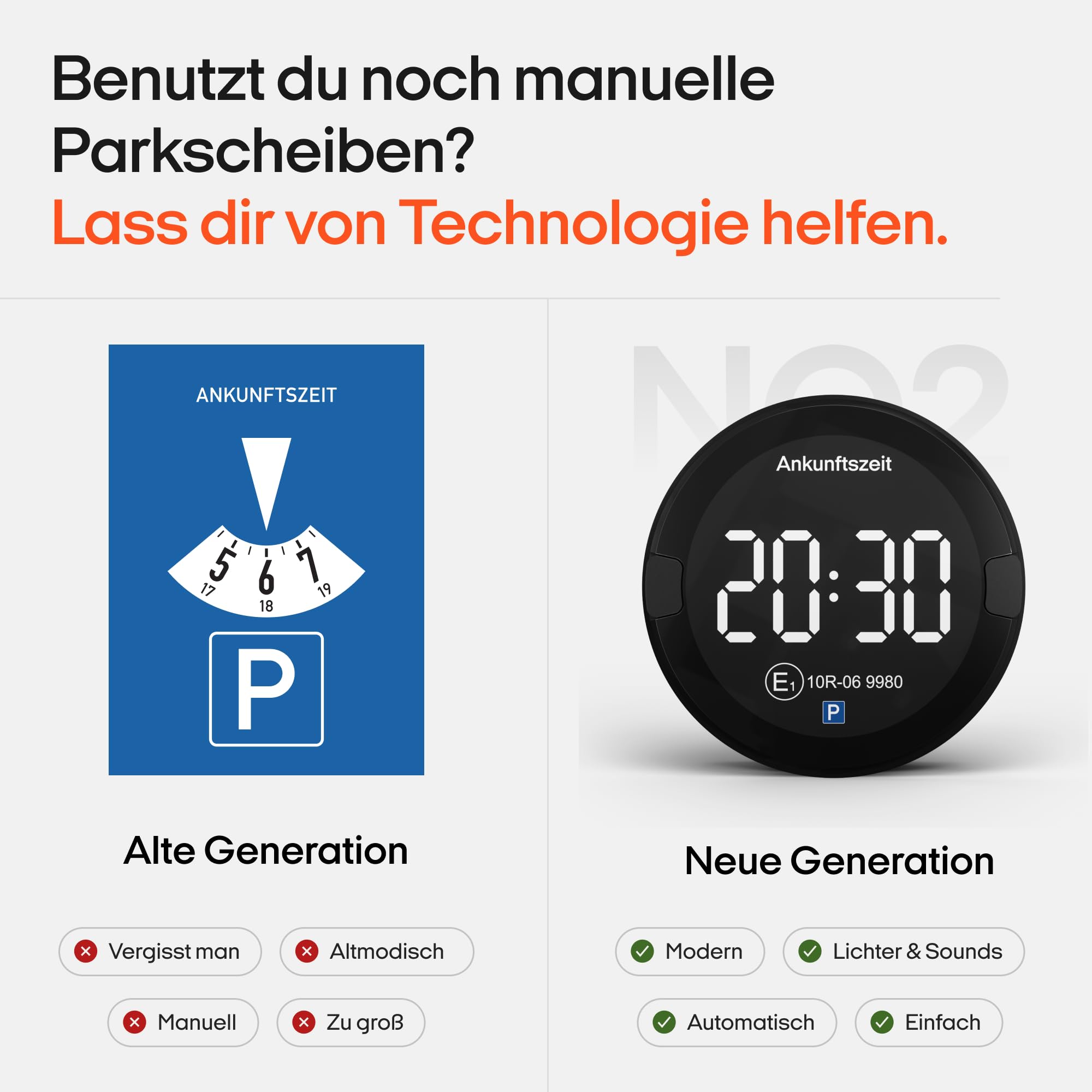 OOONO P-DISC NO2 – Disque de stationnement électronique avec homologation automobile – Disque de stationnement numérique automatique avec autorisation de circulation KBA selon la législation allemande