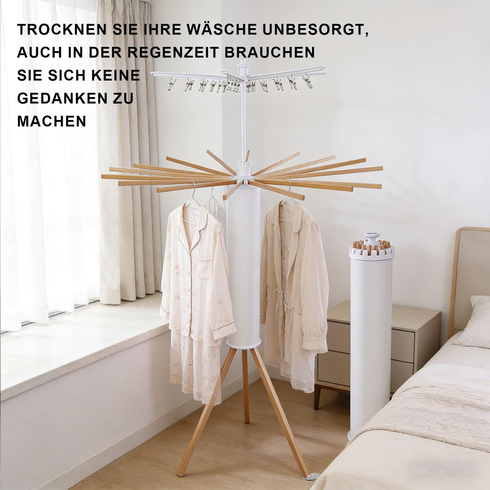Wäscheständer Platzsparend aus Holz, Faltbarer Wäschetrockner | mit 16 Holzarmen 48 Hängerplätzen, Octopus Trockenständer, Stativ Kleiderständer für Balkon Badezimmer Wohnzimmer Waschküche