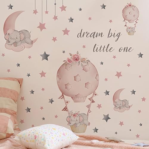 Miniatura 5 de Adhesivo de pared grande con diseño de elefante y elefante rosa durmiendo, sacinora Moon and Stars, vinilo extraíble para niños, guardería,