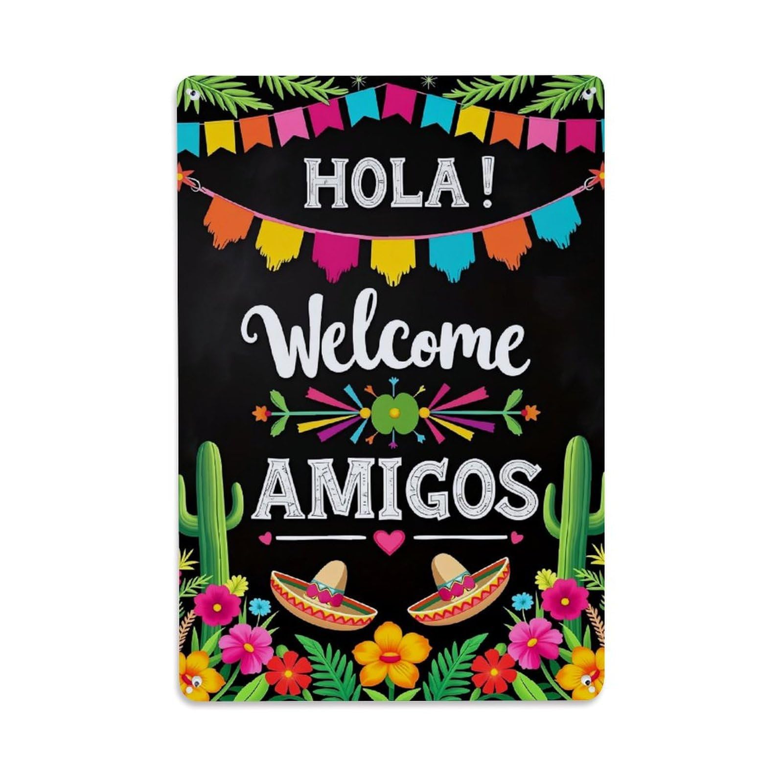 Jdfenggu Vintage Hola Welcome Amigos Cactus Flowers Retro Metal Tin Sign, Decor Art Poster For Bar, Home, Man Cave, Kitchen, Laundry Room Gift 8X12inch