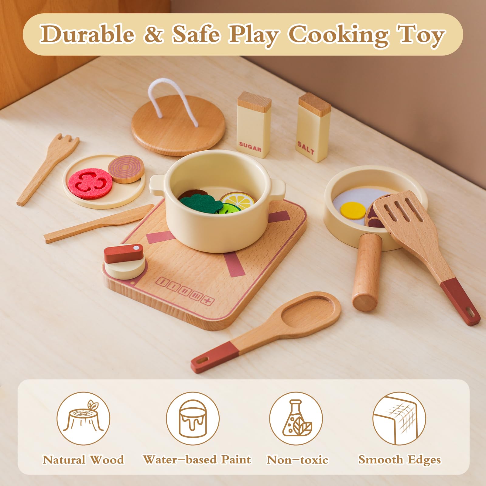 Pentole Giocattolo per Bambini, Accessori Cucina Giocattolo Legno, Set di Pentole e Padelle in Legno, Utensili Cucina Bambini con Posate e Cibo, Giochi di Ruolo per 3 4 5 6 Anni