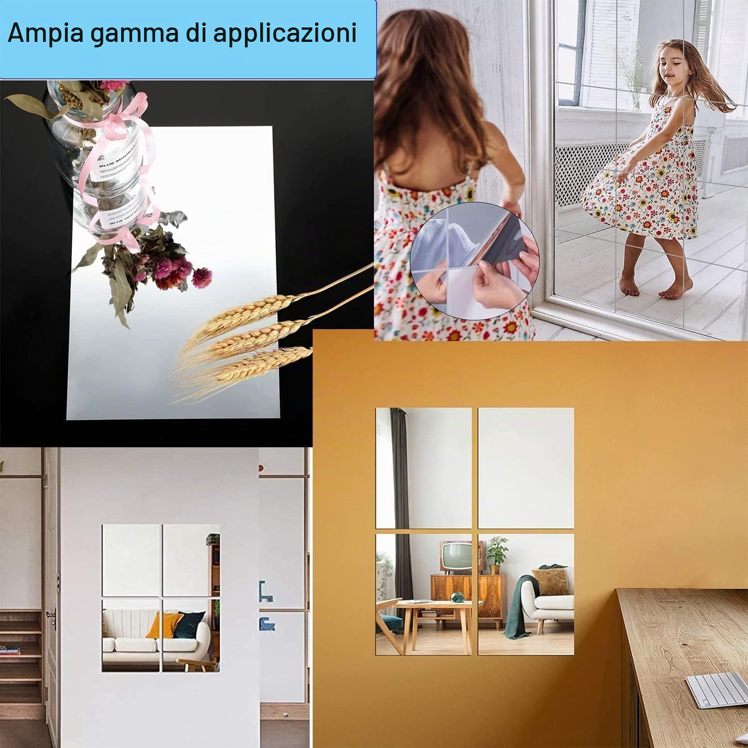 TSKDKIT 4 Pezzi Specchio Adesivo da Parete 29 X 21cm Non in Vetro per Armadio, Muro - Acrilico Adesivo per Decorazioni Murali Casa
