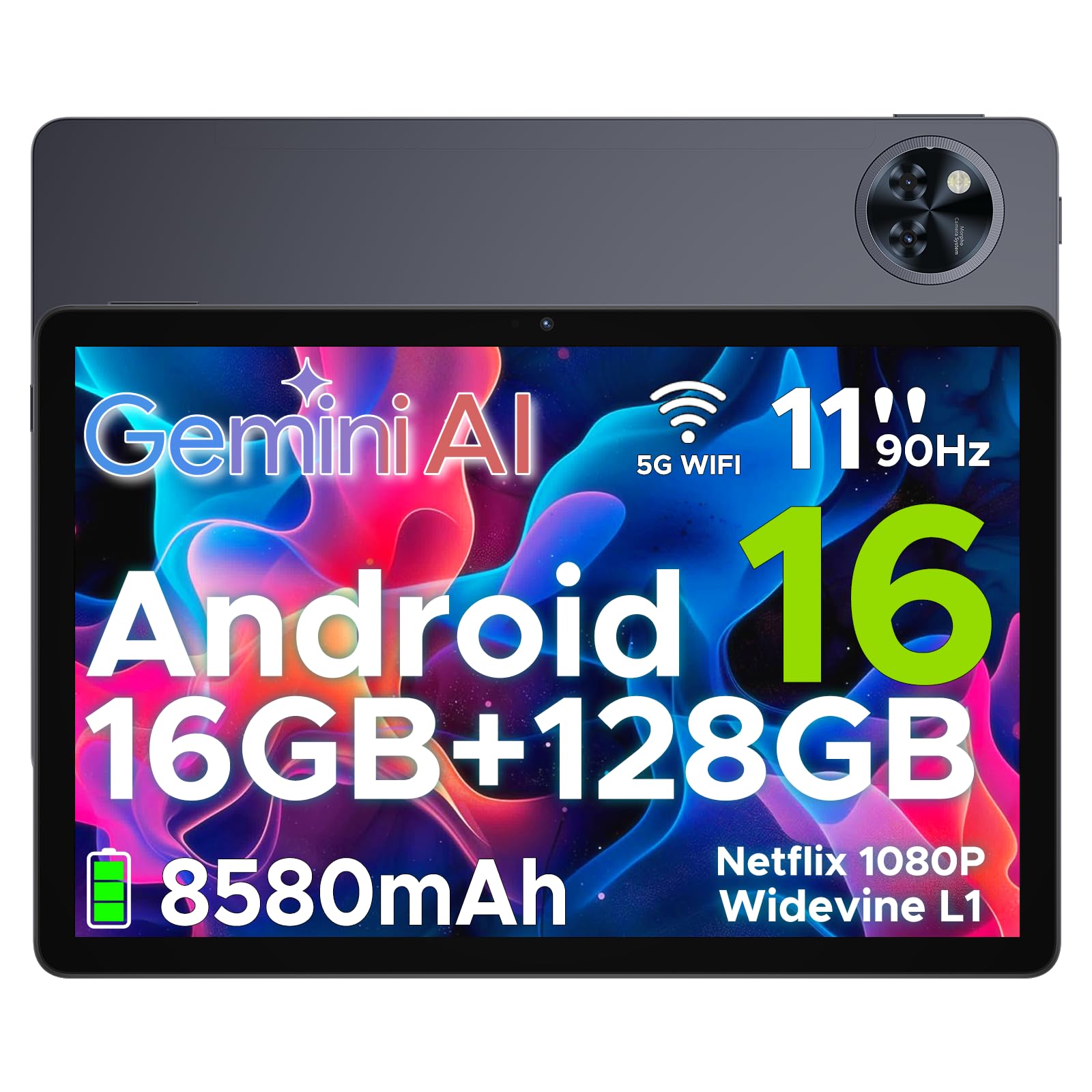 DOOGEETab U11 Android 16 Tablet 11 Pollici Gemini AI 16GB RAM +128GB ROM (2TB TF) 8580mAh, Unisoc T7200 Octa-Core 13MP+5MP Gaming Tablet PC WIFI 5/ GMS/ WidevineL1/GPS/Face ID/OTG/ 3.5mm Audio,Grigio