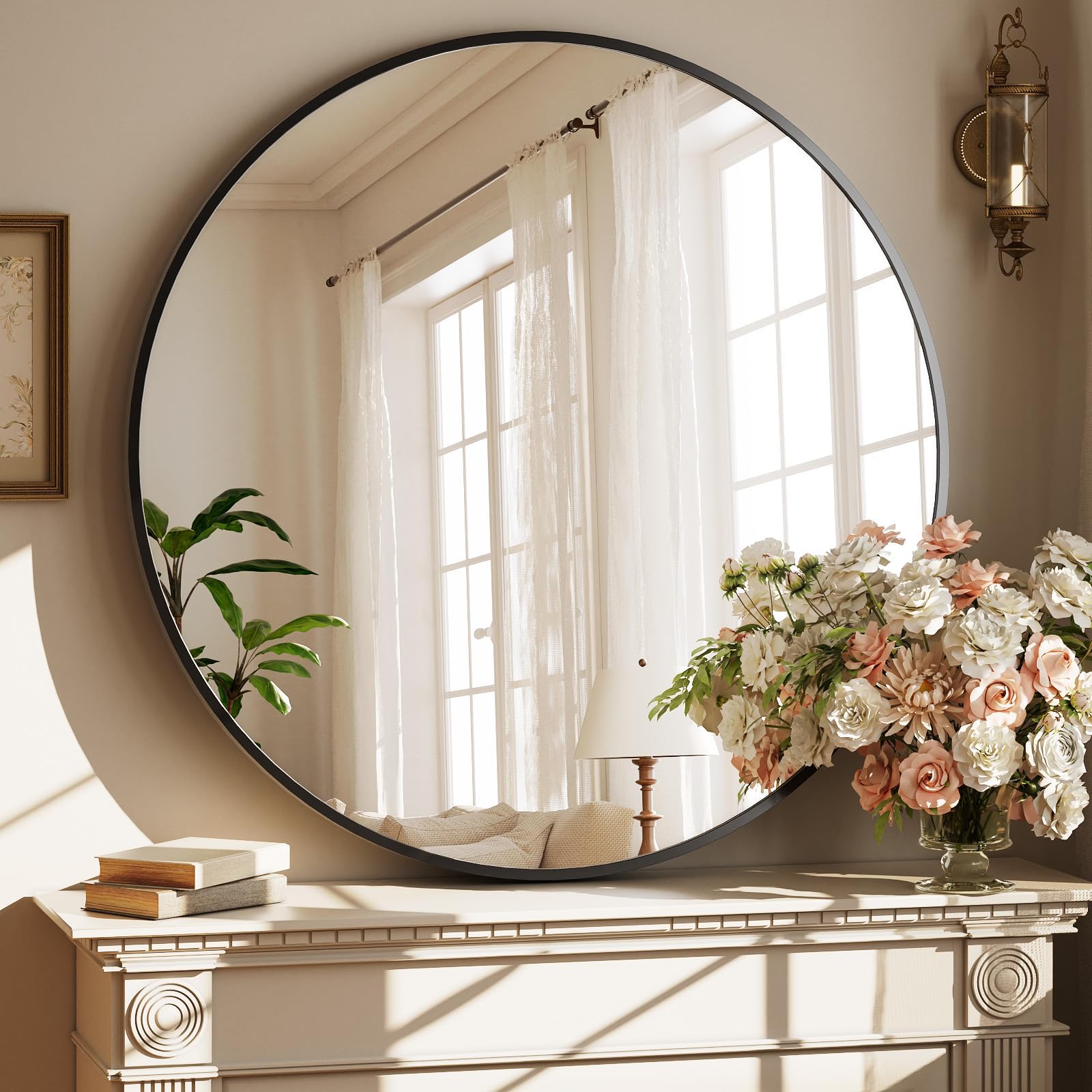 40 Inch Round Mirror - Circle Mirrors for Bathroom, Entryway and Living Room Wall Decor, Modern Hanging Vanity Mirror, Matte Black Circle Decorative Wall Mirror