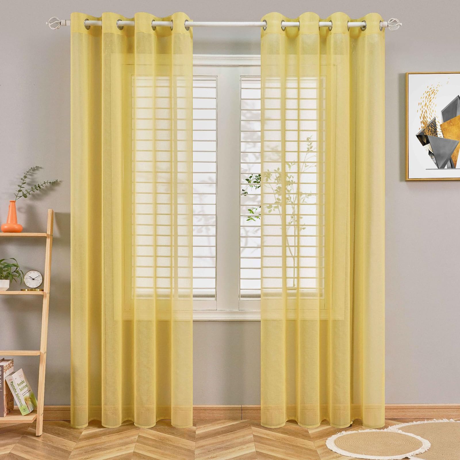 Voile Curtain 2 Panels Net Curtains for Windows, Light Filtering Sheer Curtains, Solid Color Semi Transparent Eyelet Panels for Bedroom Living Ro(Size:250x270cm/W 98" x L 106" (2 Panels),Color:Yellow)