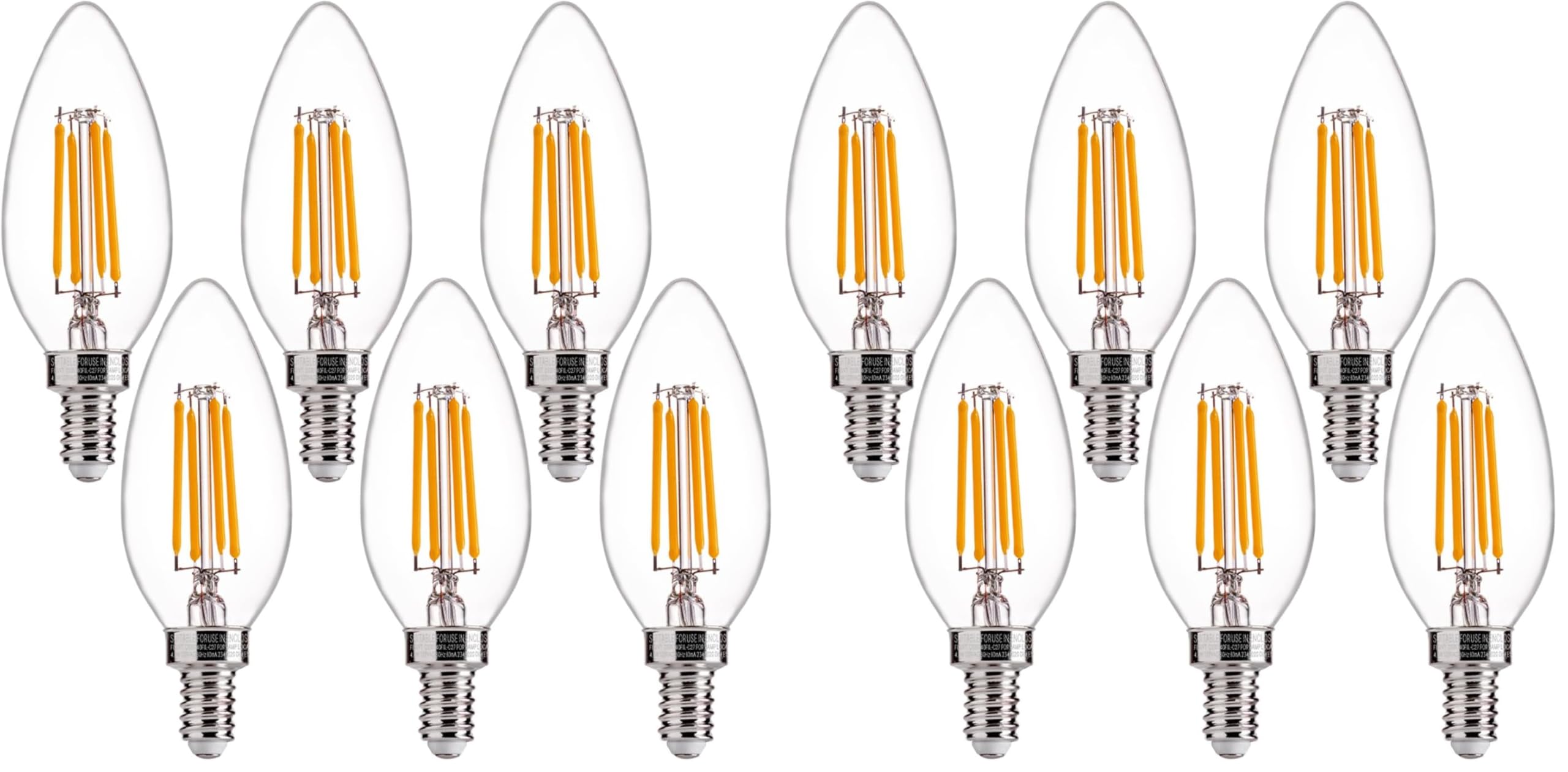 FLSNT 60W Equivalent LED Chandelier Light Bulbs, Dimmable, E12 Base, Clear B11 LED Filament Candelabra Bulbs, 2700K Soft White, 12 Pack