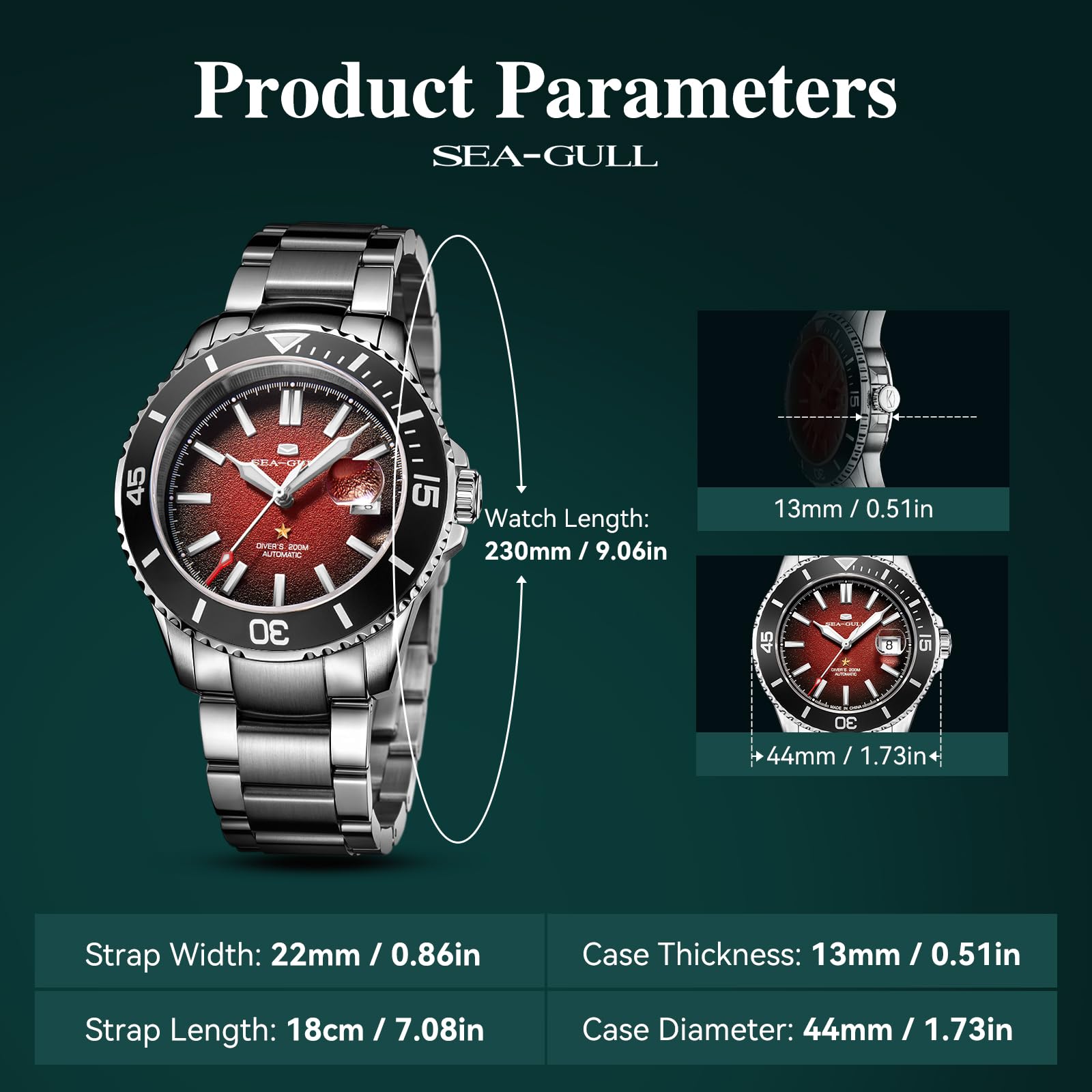 SEA-GULL Seagull 816.523 - Reloj automático para hombre, correa de acero inoxidable, resistente al agua, mecánico, con calendario, luminoso, para negocios, casual, buceo, para hombre