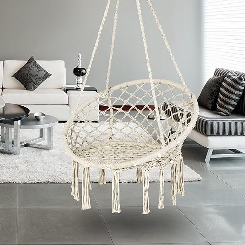 Miniatura 2 de Tangkula Silla hamaca con luces, columpio de macramé con borlas, cuerda de algodón tejida a mano, estilo bohemio para interiores y exteriores, silla
