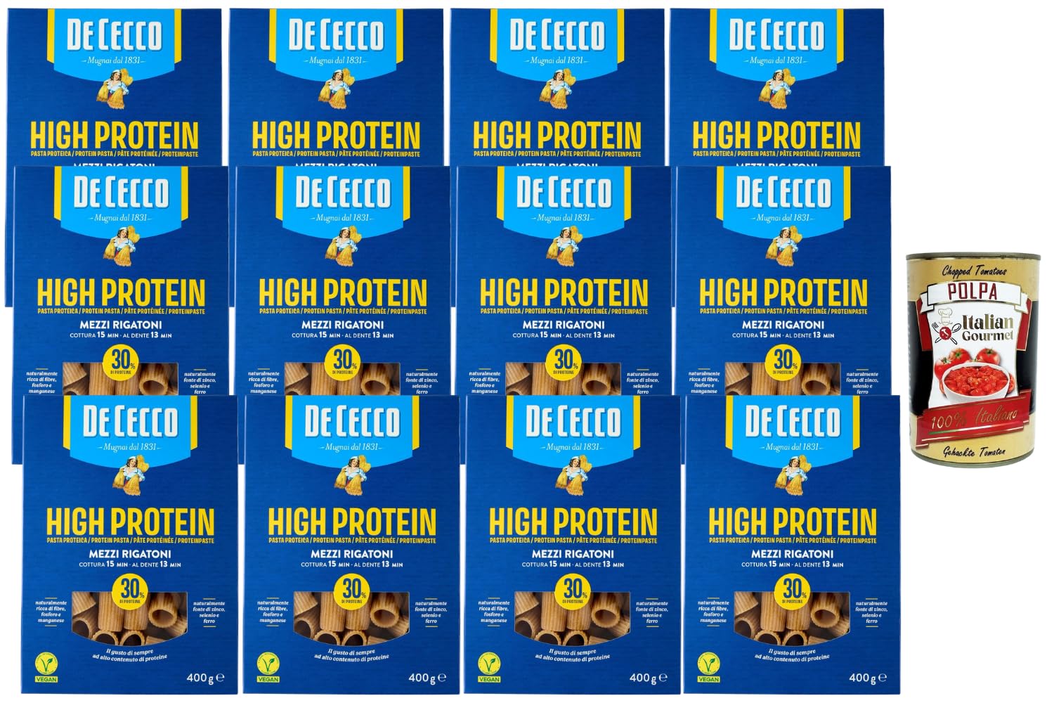 Italian Gourmet Pasta Mezzi Rigatoni proteica High Protein vegan 12 x 400g | 30% Eiweiß / ideale per sport, Muskelaufbau, Meal Prep, schnelle Gerichte, Gesamtnettogewicht 4,8 kg + Kostenlos Polpa 400g