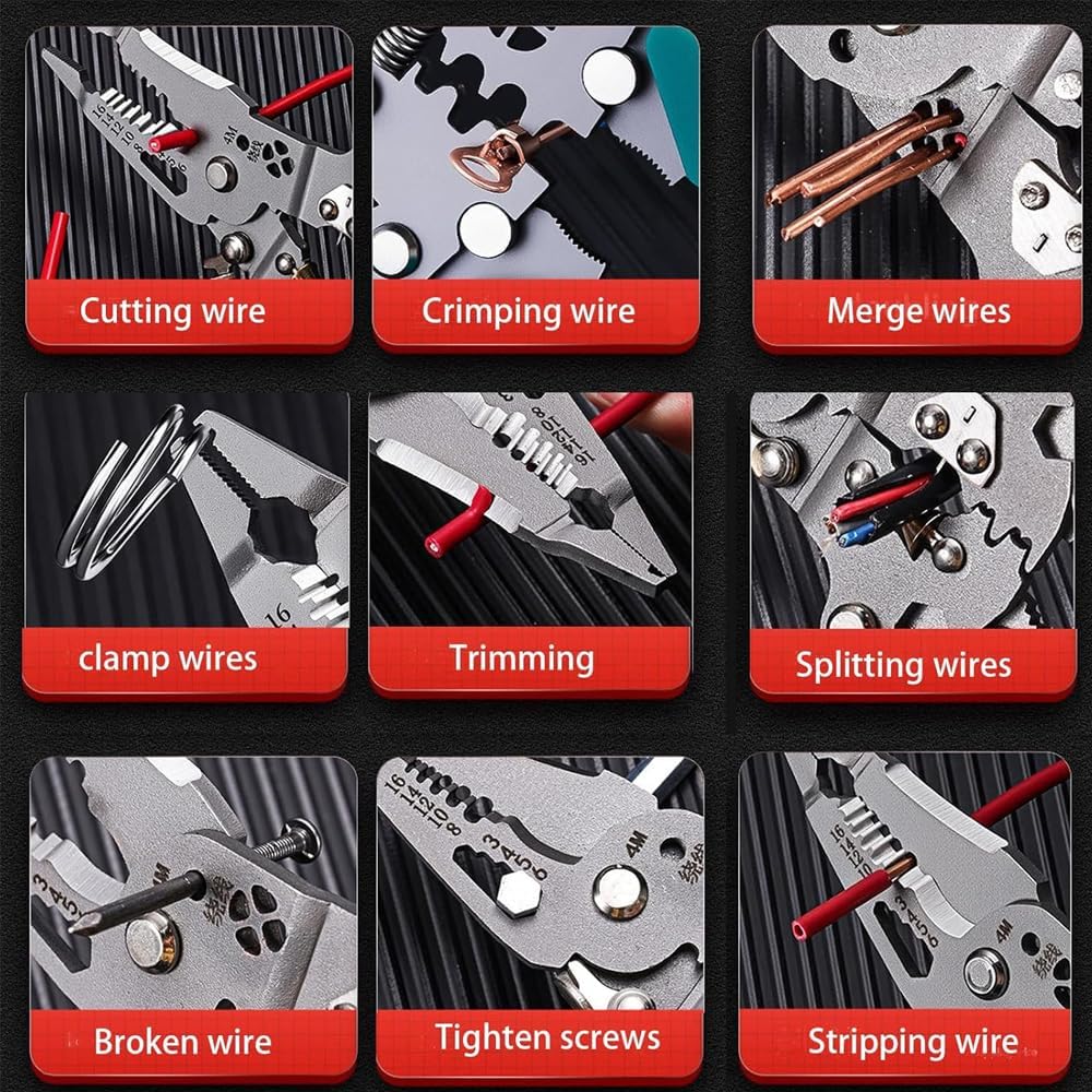 Grid of nine images demonstrating various functions: cutting, crimping, merging, clamping, trimming, splitting, broken wire, tightening screws, and stripping wires