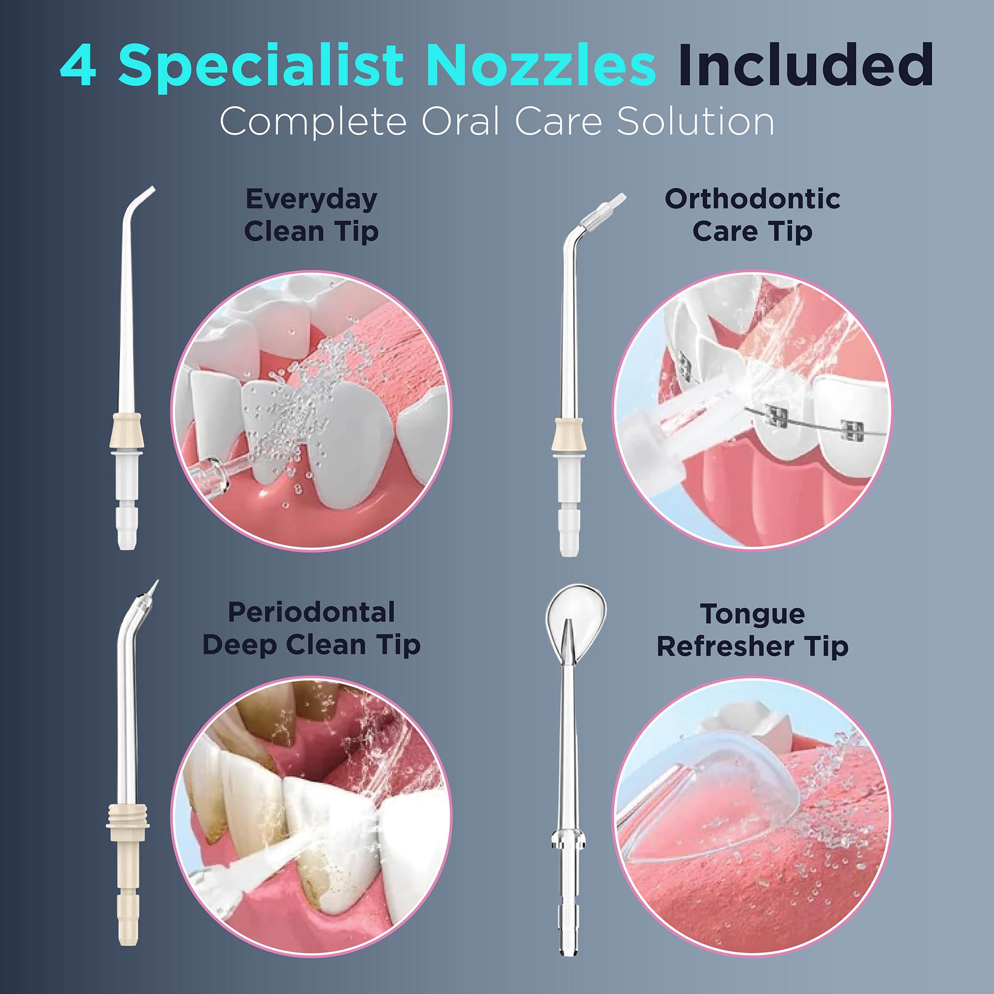 Idropulsore professionale senza fili per la salute di denti e gengive, irrigatore orale impermeabile IPX7 e rimozione della placca, getto dentale pulito in profondità con 4 modalità
