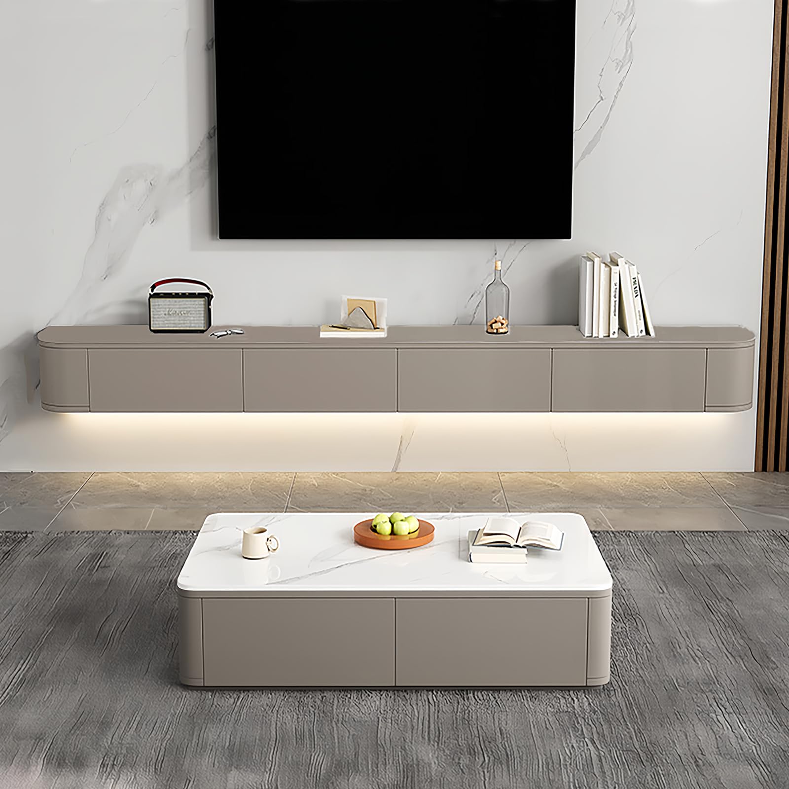 Schwebender TV-Ständer, Wandmontierter TV-Schrank mit Schubladen, 140 cm Lange TV-Medienkonsole, Große TV-Bank mit Stauraum unter dem Fernseher (Khaki, 140cm/55.1")