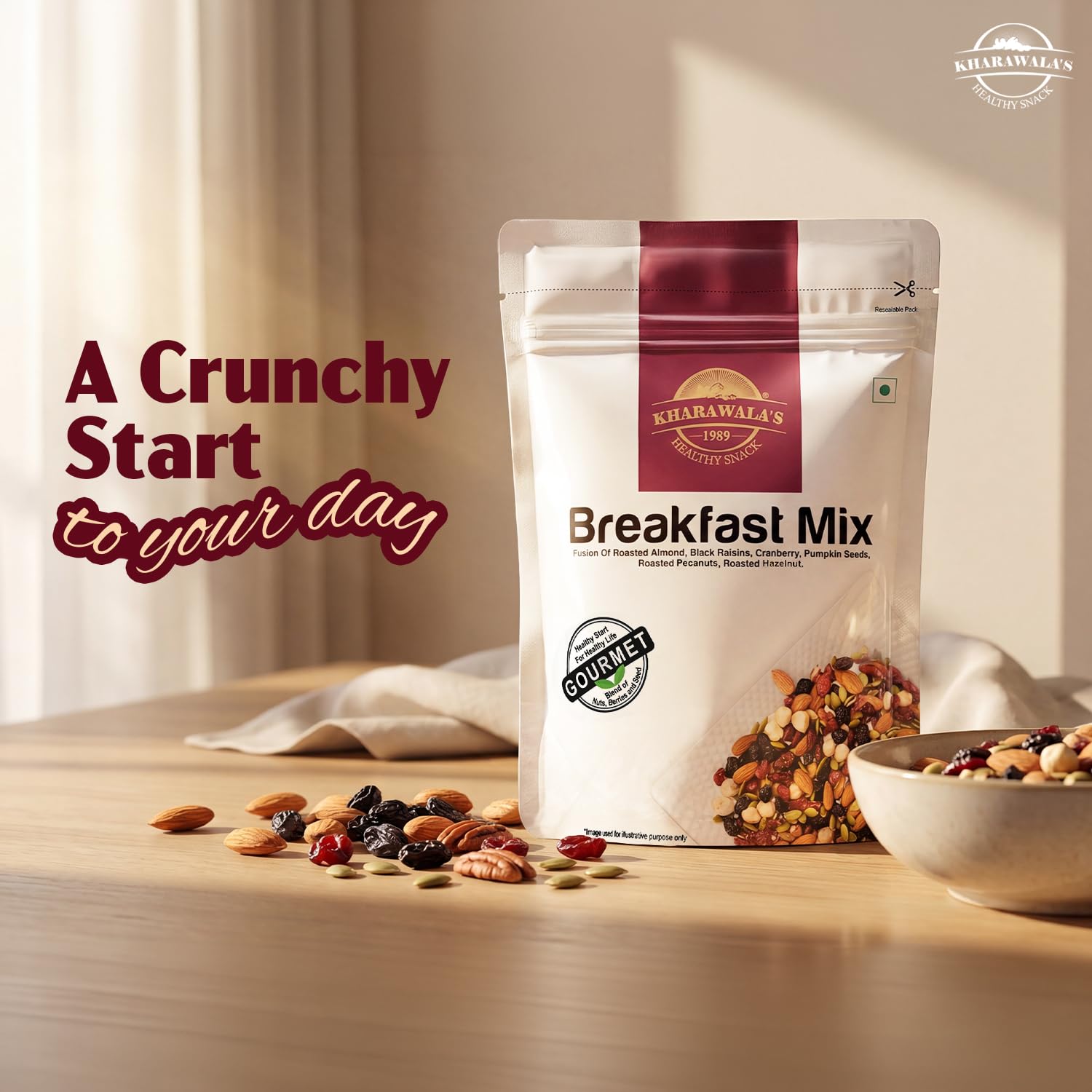 KHARAWALA'S Breakfast Mix - Pack of 2 (200gm Eac) | Fusion of Roasted Pumkin Seed, Almonds, Pecan Nuts, Hazelnut, Cranberry & Black raisins