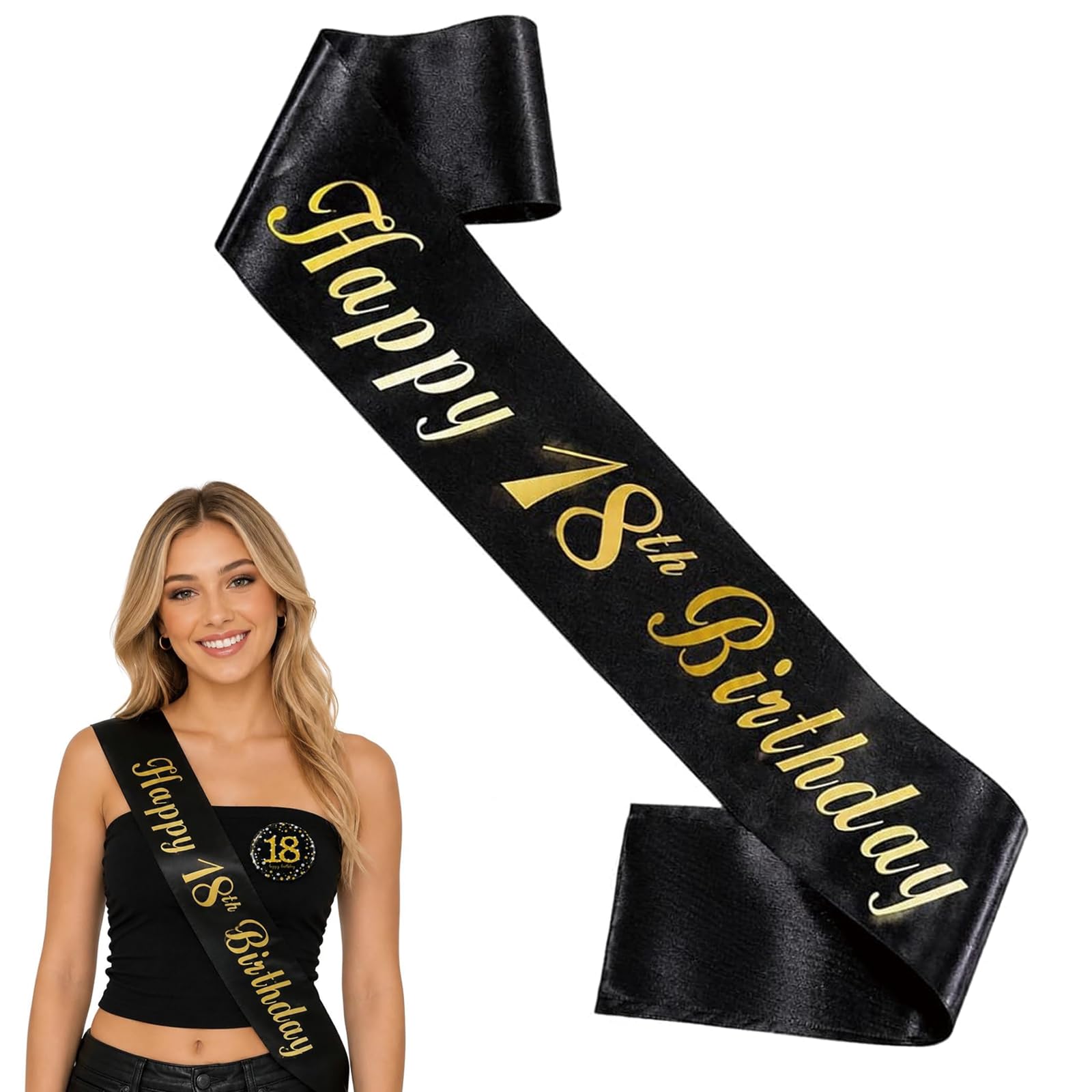 18th Birthday Sash and 18 Badge 2-Piece Set, Party Decoration Accessories, Party Gifts Supplies, Happy 18 Years Old Birthday Party Decoration for Fabulous Boys (Black Gold)