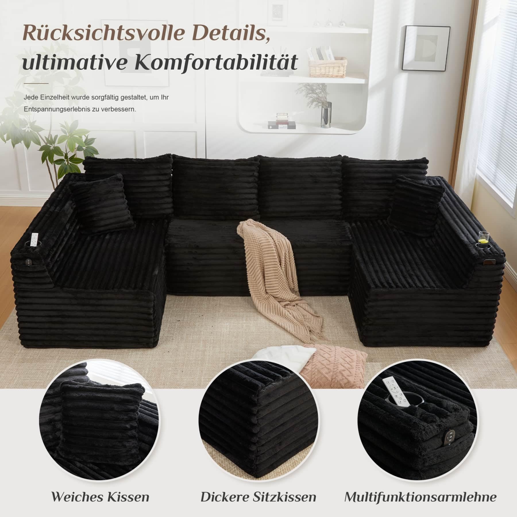YEHTOKHOME Sofá moderno de pana en forma de U con portavasos y bolsillos laterales, sofá modular con 4 cojines de respaldo y 2 cojines decorativos, para salón (Negro)