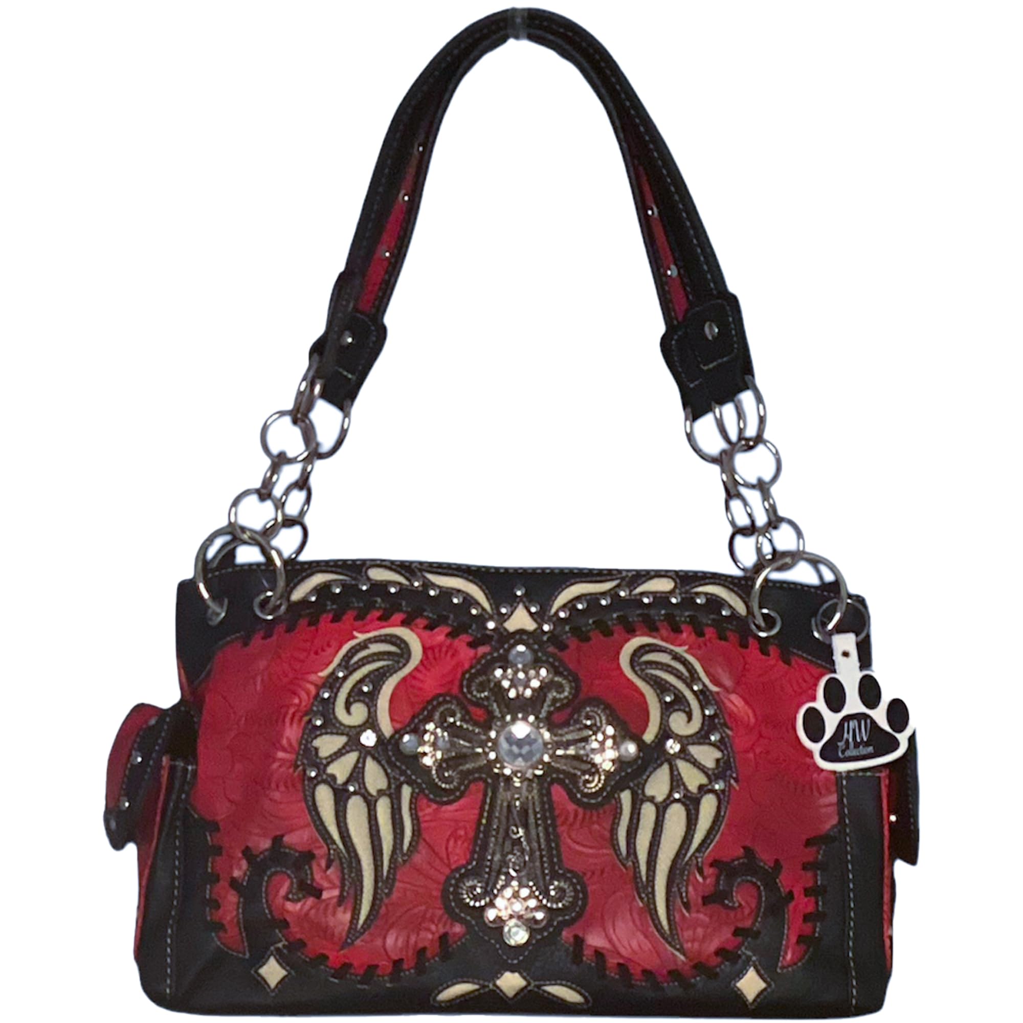HW Collection Western Handbag Rhinestone Cross Angelic Wings Women Purse and Wallet Set (Red)