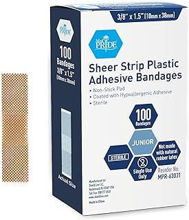MED PRIDE Sheer Plastic Strip Bandages Sterile Bandages with Non-Stick Pad for Wound Care- First Aid Strips with Hypoallergenic Adhesive- Sensitive Skin Latex Free Bandages [100 Pieces] (3/8” x 1.5”)