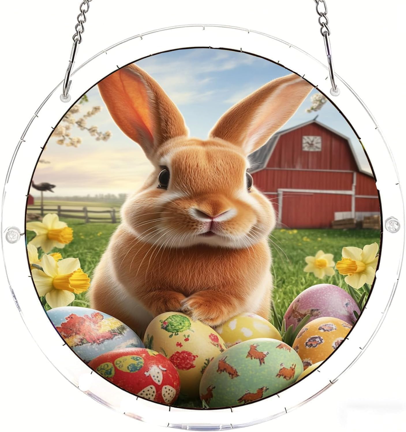 Rabbit in Front of The Barn Acrylic Jigsaw Puzzles Suncatcher, 8.9 Inch Window Hanging Suncatcher Acrylic Puzzle, DIY Home Decor Art Gift