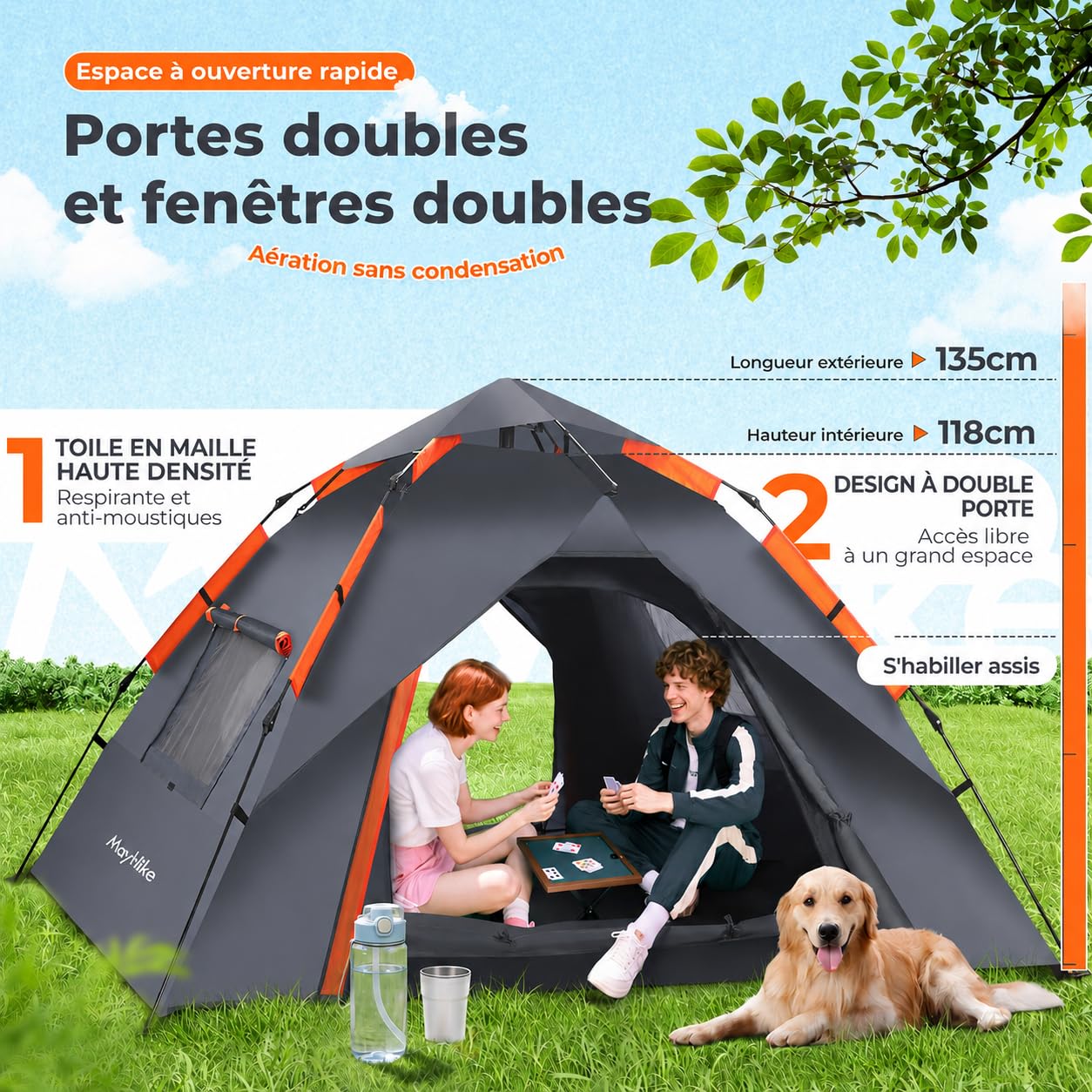 Tente Pop-Up Automatique 2 Places – Déploiement 2 Secondes, Étanchéité 3000mm, Double Paroi 4 Saisons, Anti-UV UPF 50+, 2 Portes & 2 Fenêtres, Tente de Camping Léger 2.3×2.3×1.35m